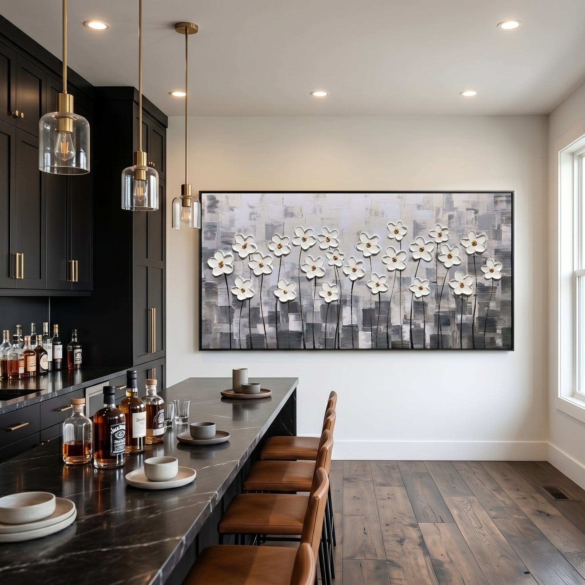 Silent Bloom – Modern Minimalist Gray and White Impasto Floral Canvas | Luxury Living Room Wall Art