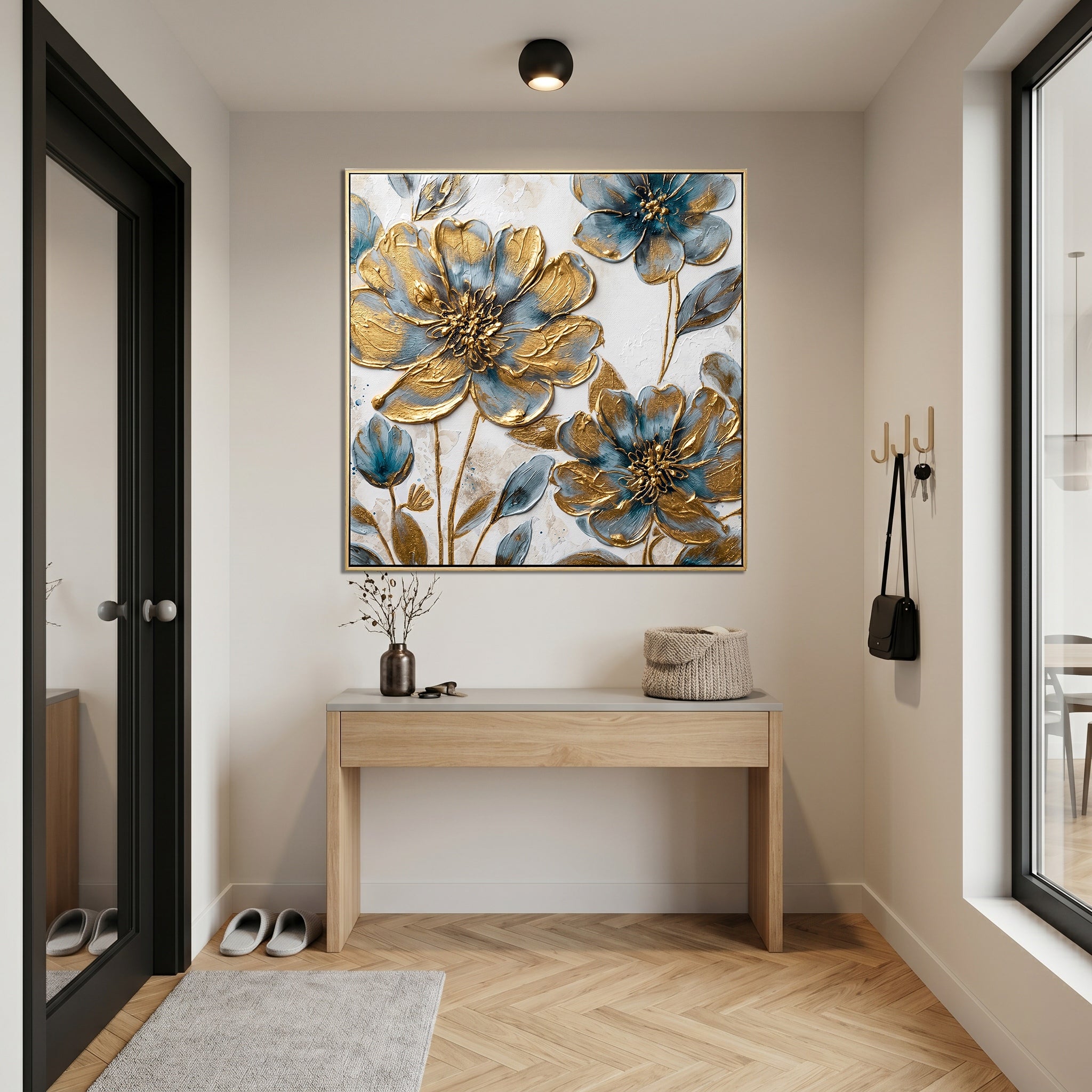 Gilded Azure – Modern Luxury Blue and Gold Impasto Floral Canvas | Elegant Entryway Wall Art