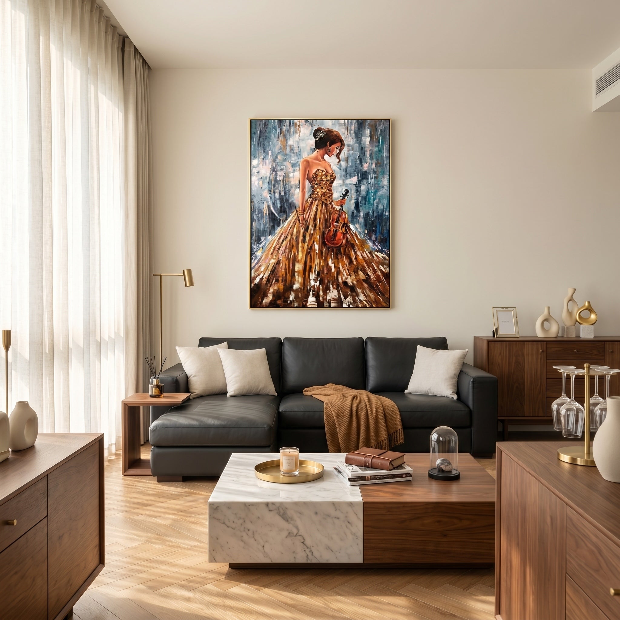 The Golden Prelude – Modern Impressionist Violinist Painting | Elegant Woman in Gold Gown Hallway Art