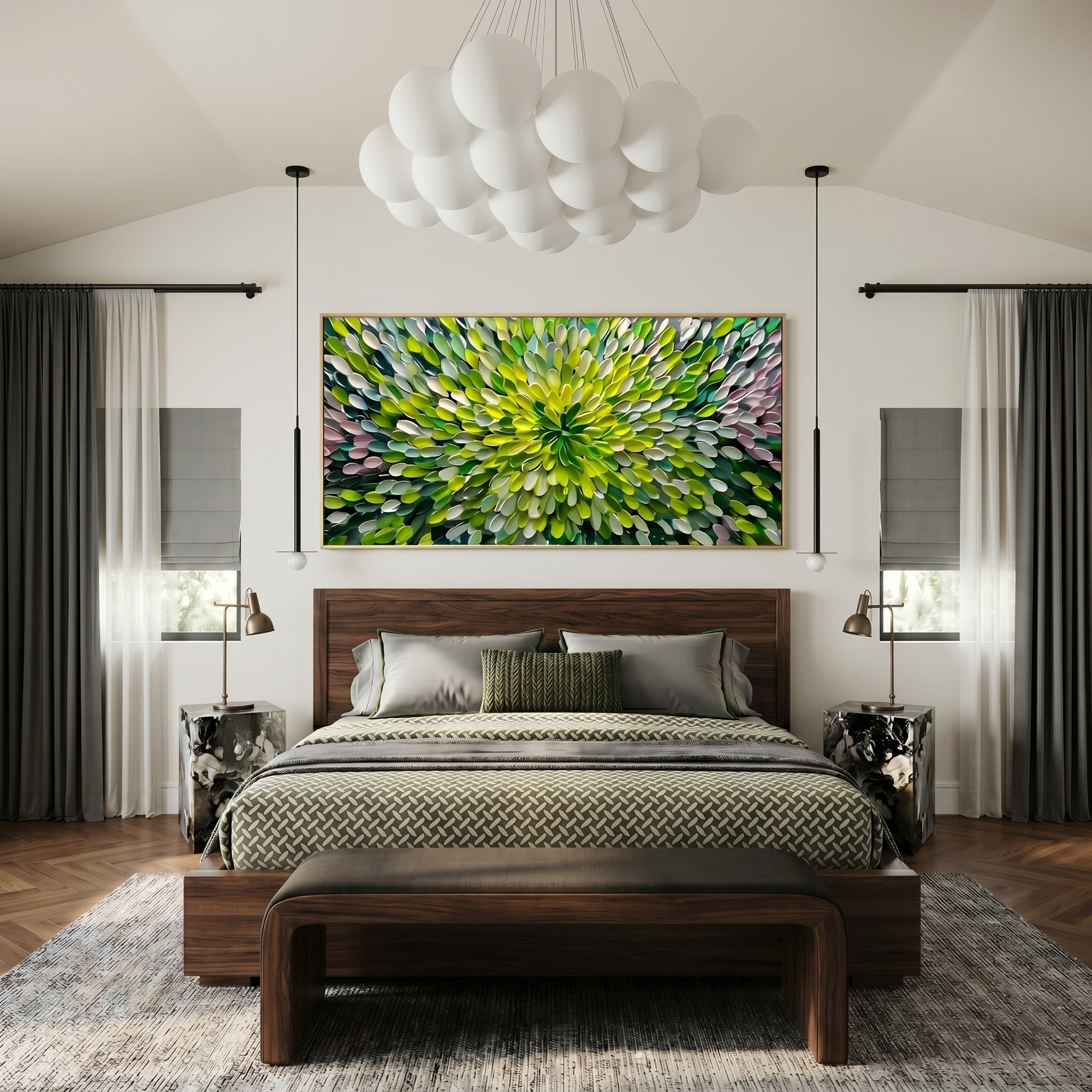 Eternal Bloom – Modern Impasto Abstract Floral Oil Painting | Textured Green Radiance Living Room Art