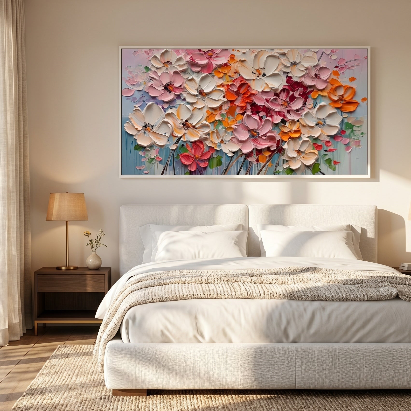 Petals in Poetry – Modern Impasto Floral Oil Painting | Textured Creamy Style Living Room Art