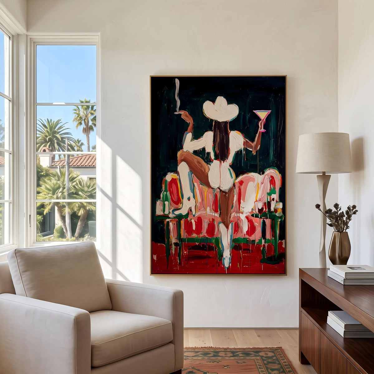 White Hat Takes Center – Pop Art Western Figure Painting | Dark Vertical Wall Art