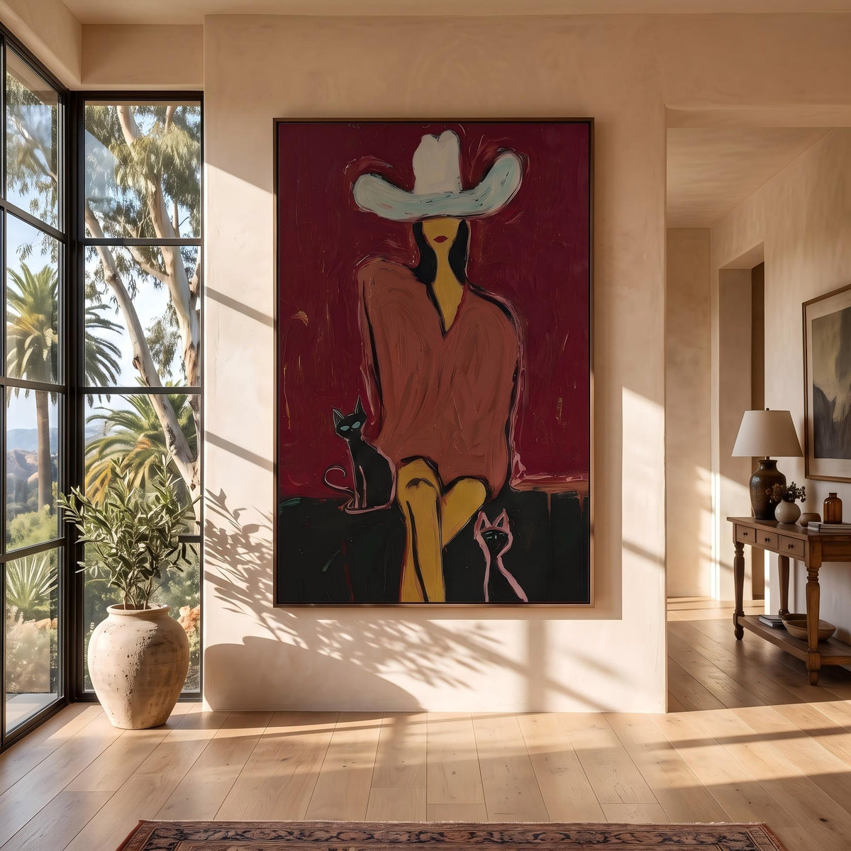 White Hat With Companions – Pop Art Cowboy and Pets Painting | Bold Red Vertical Wall Art