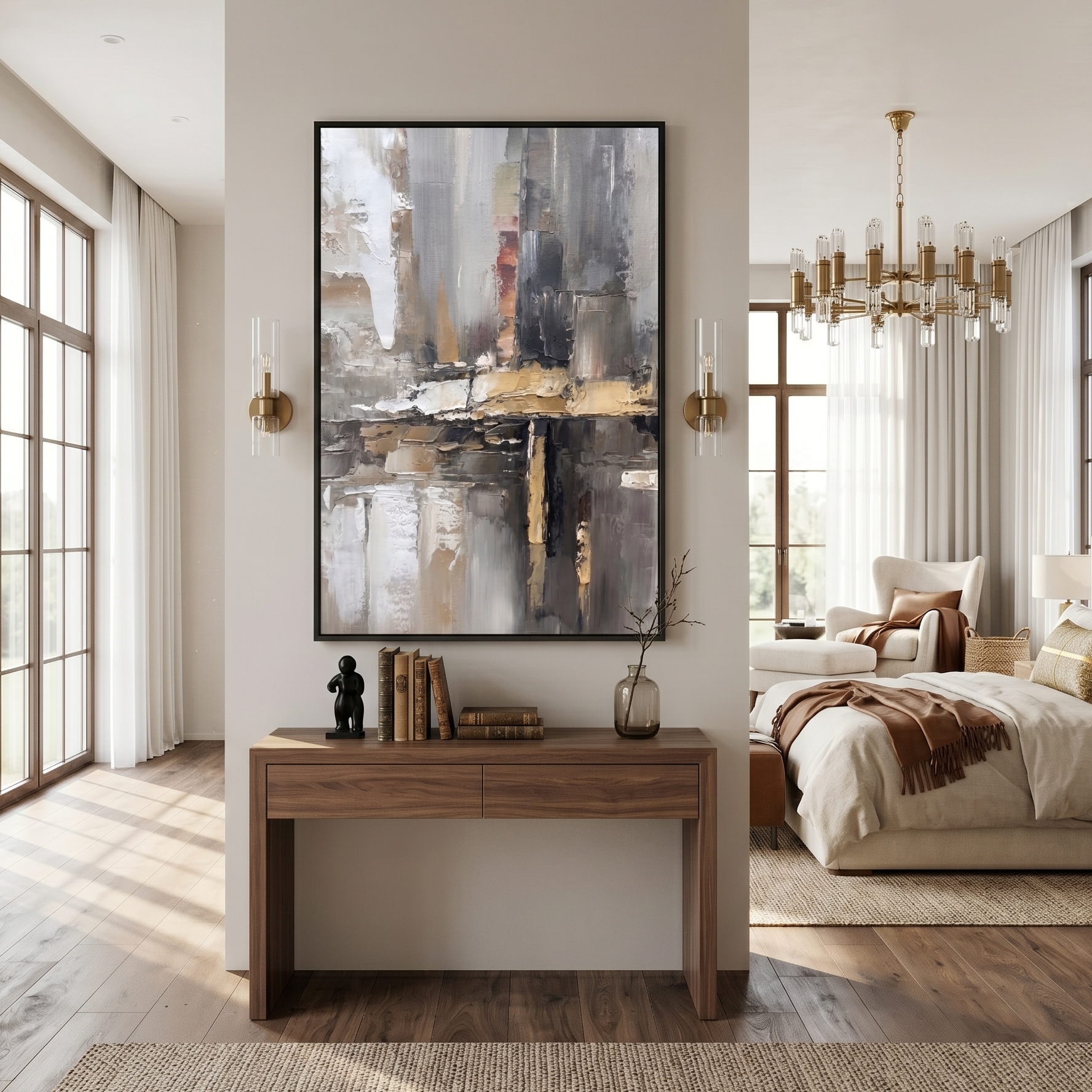Urban Echo – Modern Industrial Abstract Oil Painting | Creative Bronze Textured Hallway Art