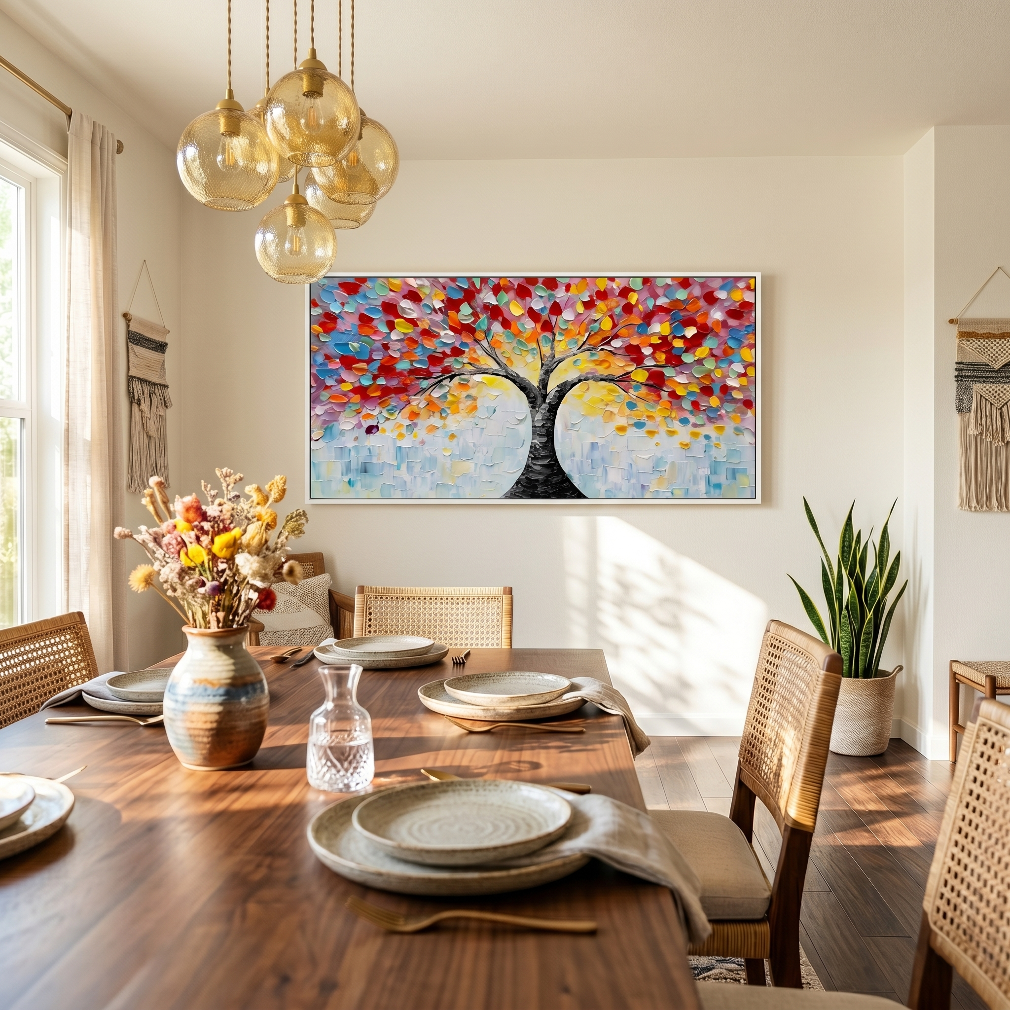Rainbow Canopy – Modern Impasto Tree of Life Oil Painting | Vibrant Textured Panorama Living Room Art