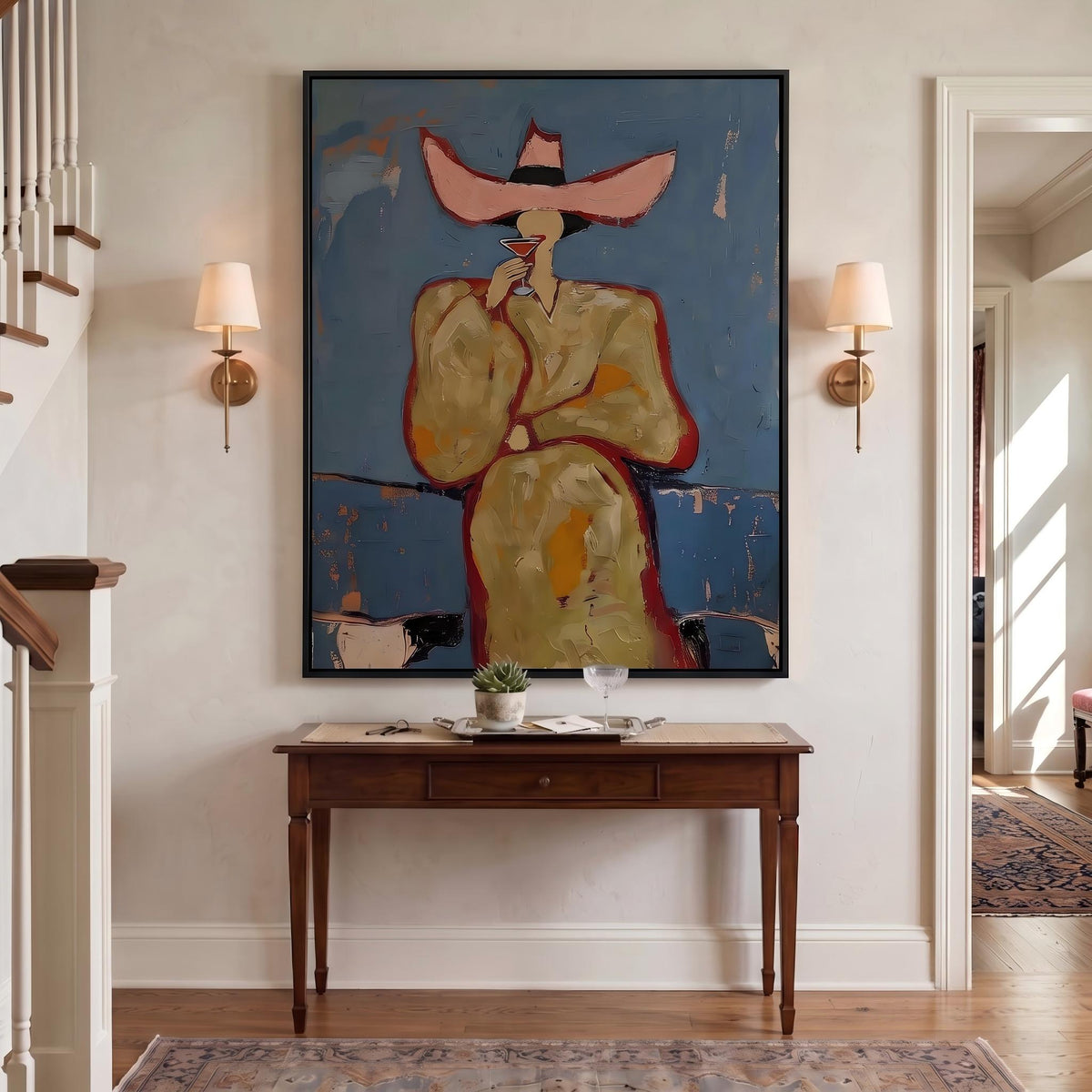 Midnight Hat Rides Tall – Pop Art Western Woman Painting | Blue Vertical Wall Art