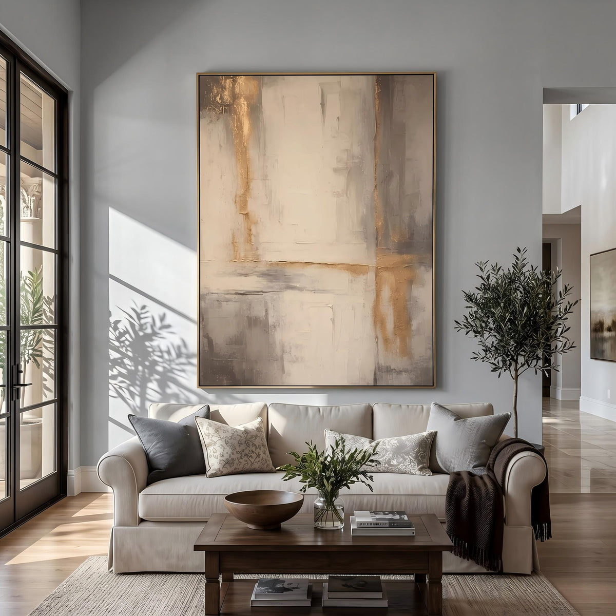 Gilded Lines Through Stone – Neutral Gold Abstract Painting | Contemporary Vertical Wall Art