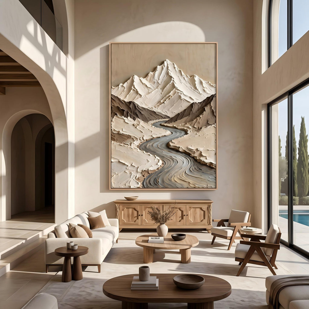 White Peaks Rising – Neutral Textured Mountain Painting | Wabi-Sabi Vertical Wall Art