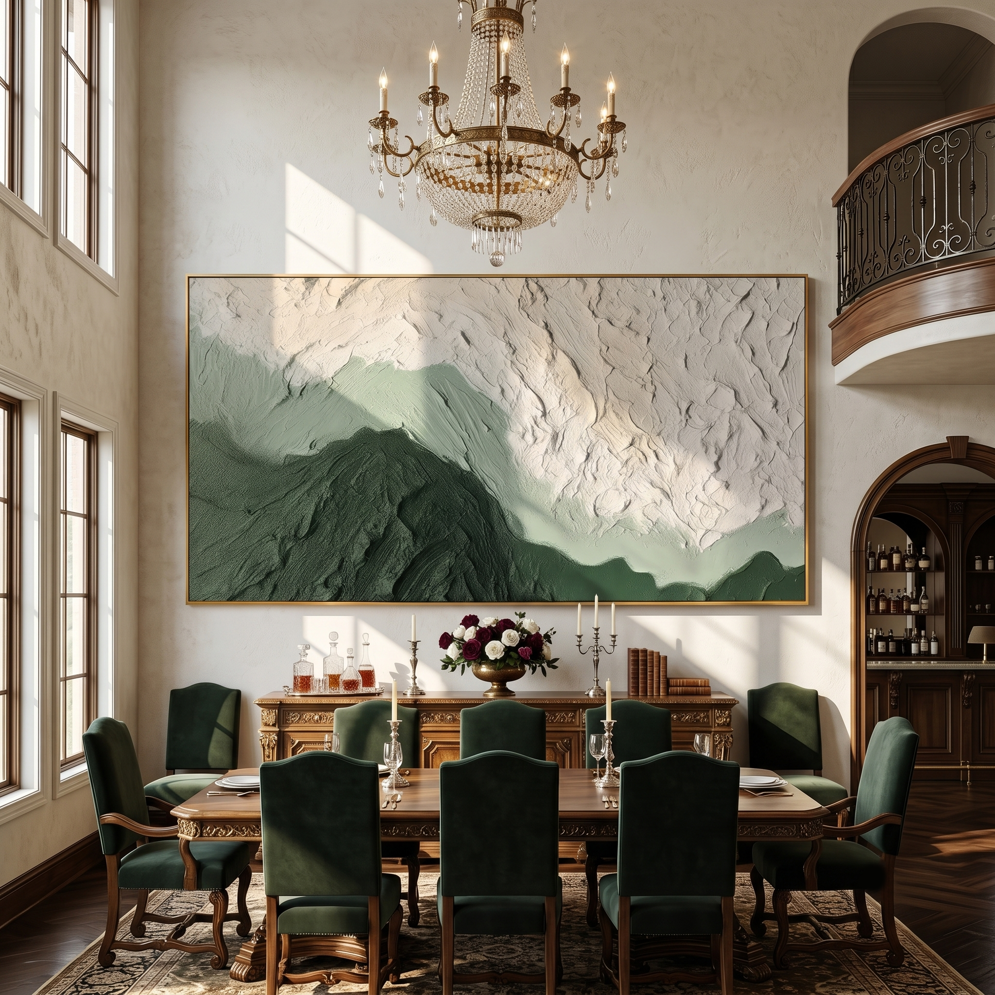Verdant Ridges – Modern Organic Mountain Textured Art | Panoramic Sage Green Living Room Art