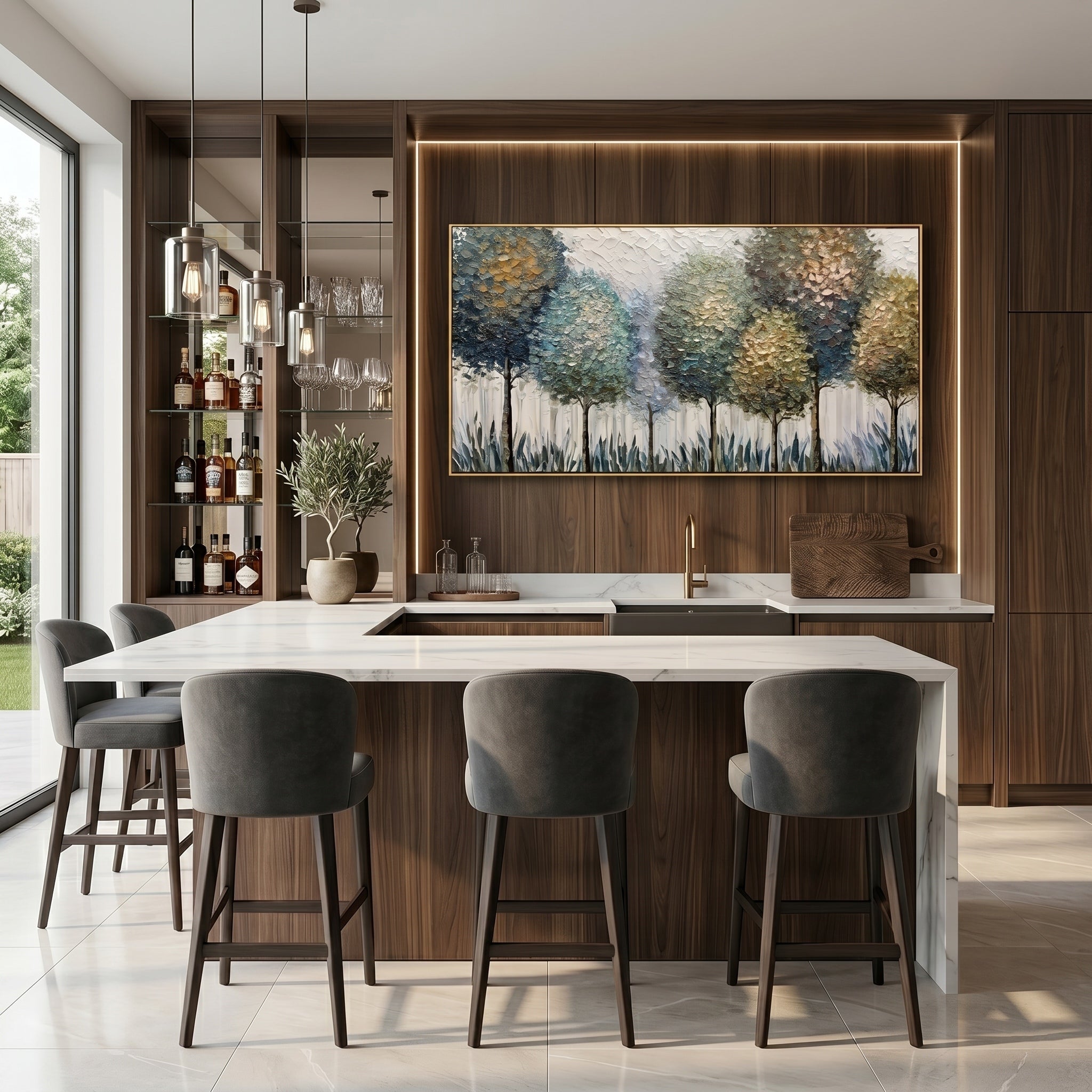 Morning Whispers – Blue-Grey & Gold Impasto Abstract Tree Landscape | Modern Luxury Bedroom Art