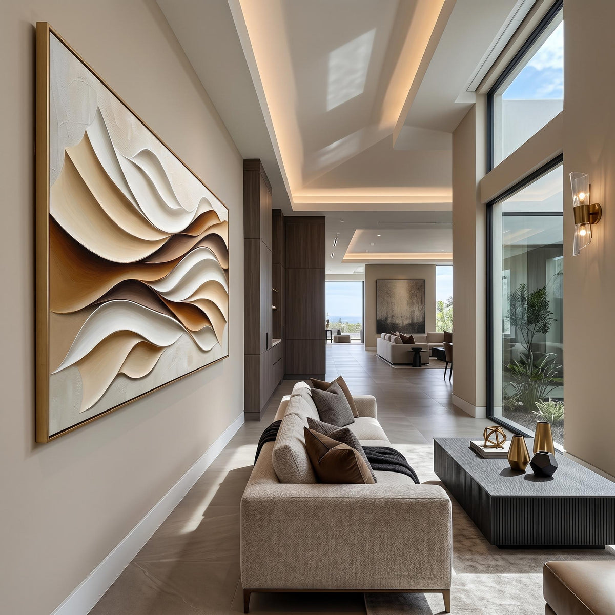 Sand Waves in Relief – Cream Brown Layered Abstract Painting | Wabi-Sabi Horizontal Wall Art