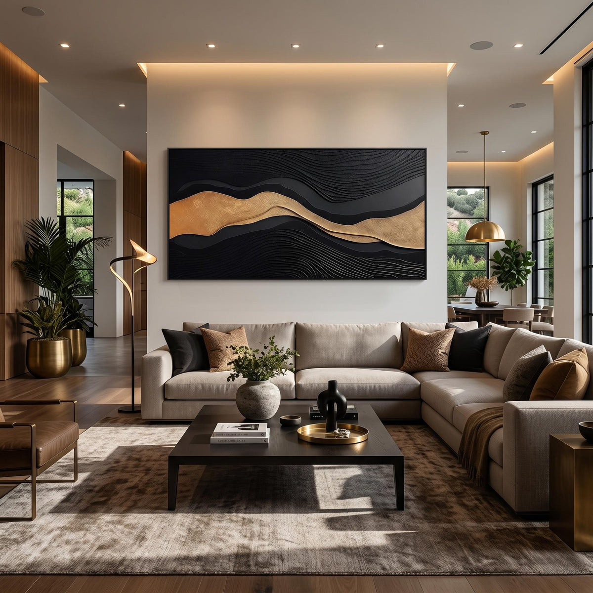 Black River of Gold – Black Gold Layered Abstract Painting | Textured Horizontal Wall Art