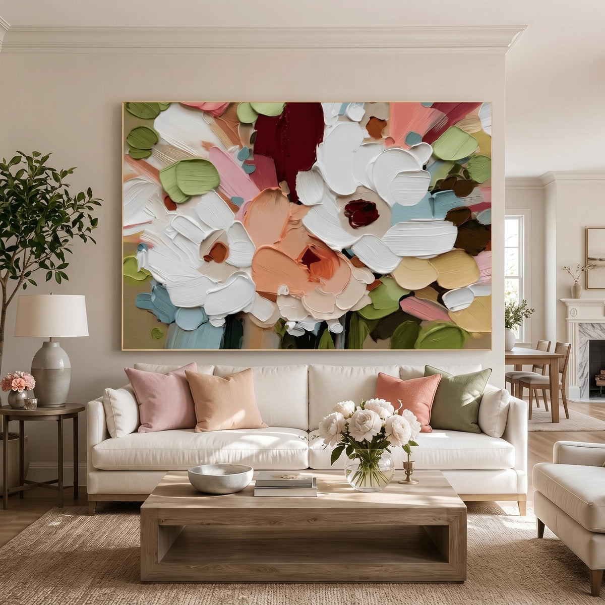 Petals Across Morning Light – Colorful Floral Painting | Textured Horizontal Living Room Wall Art