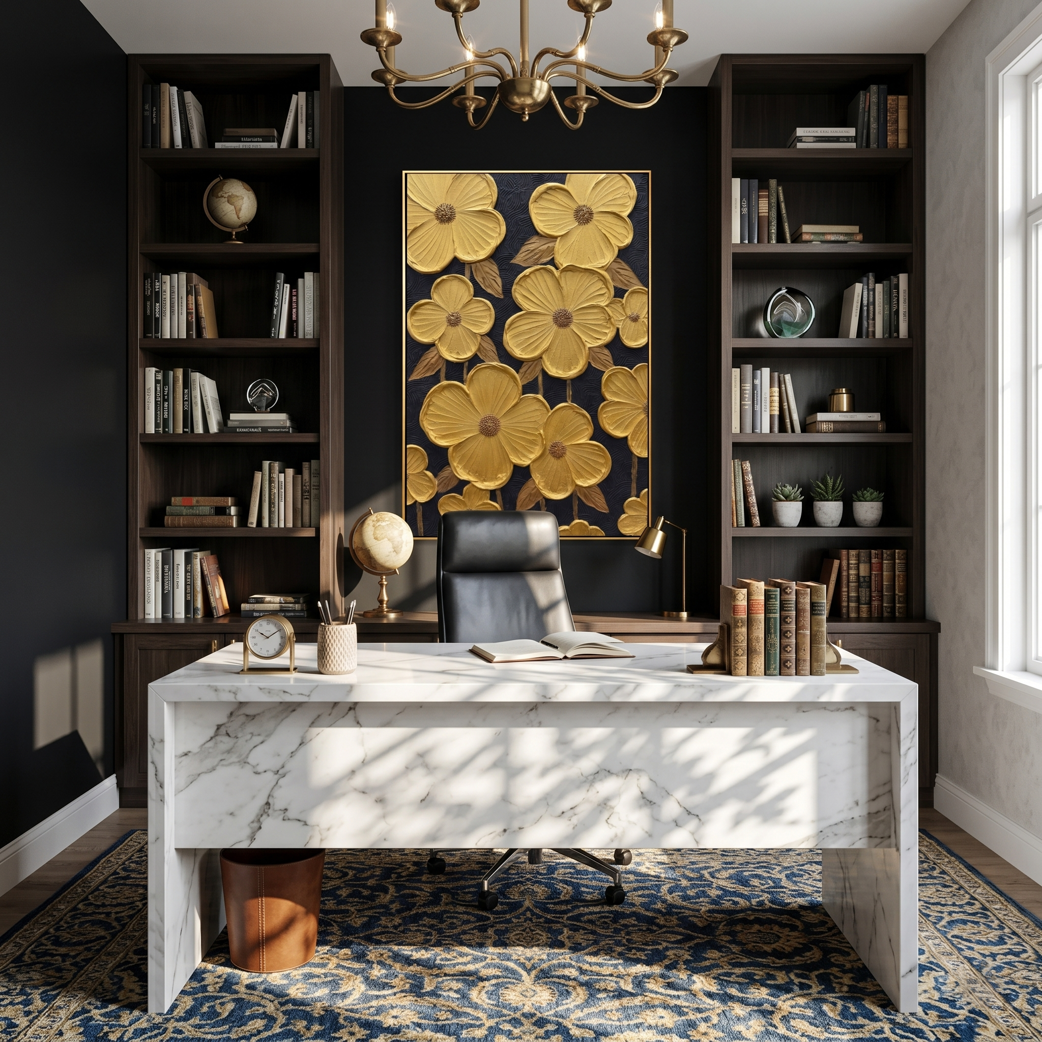 Gilded Age – Modern Luxury 3D Sculpted Gold Flowers | Black & Gold Contrast Entryway Wall Art