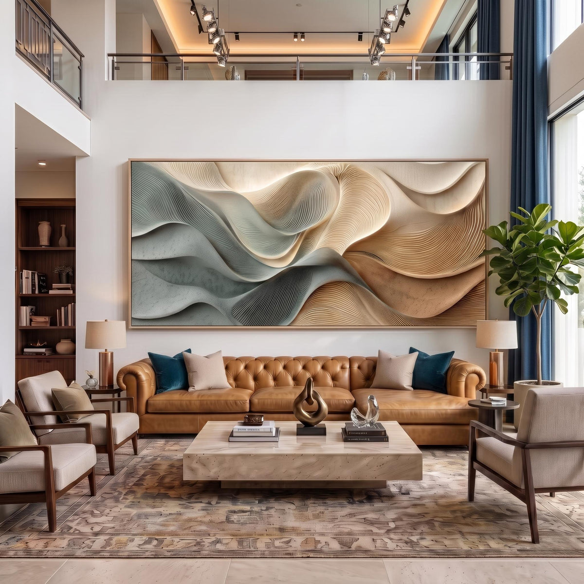 Tides Fold Into Sand – Blue Beige Sculptural Abstract Painting | Textured Horizontal Wall Art