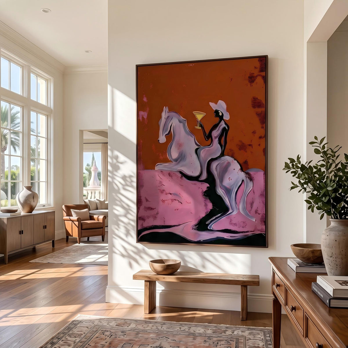 Pink Clouds Carry Rider – Pop Art Cowboy Horse Painting | Playful Orange Vertical Wall Art