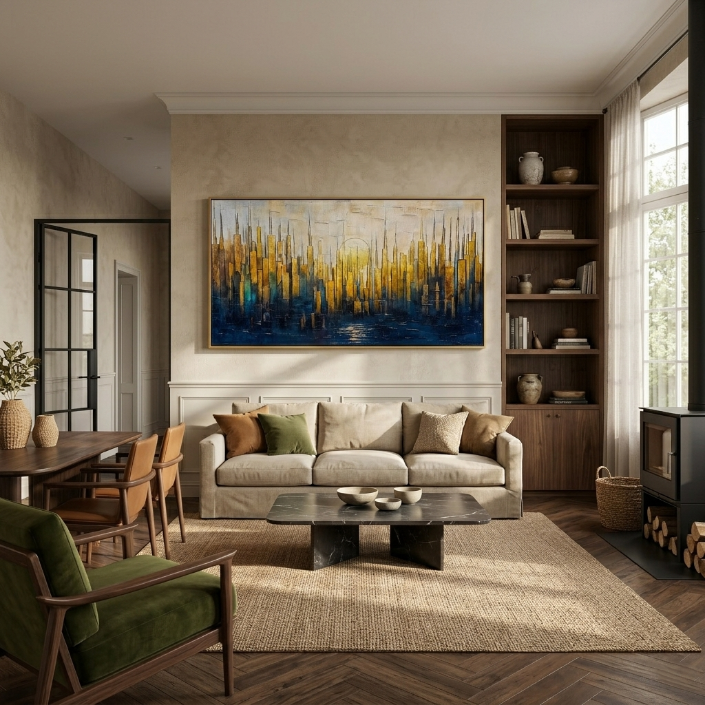 Golden Metropolis – Modern Abstract Gold and Blue Impasto Cityscape | Luxury Living Room Wall Art