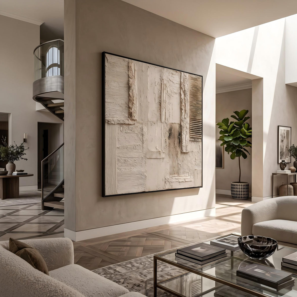 Ivory Grid in Silence – White Beige Geometric Painting | Textured Square Wall Art