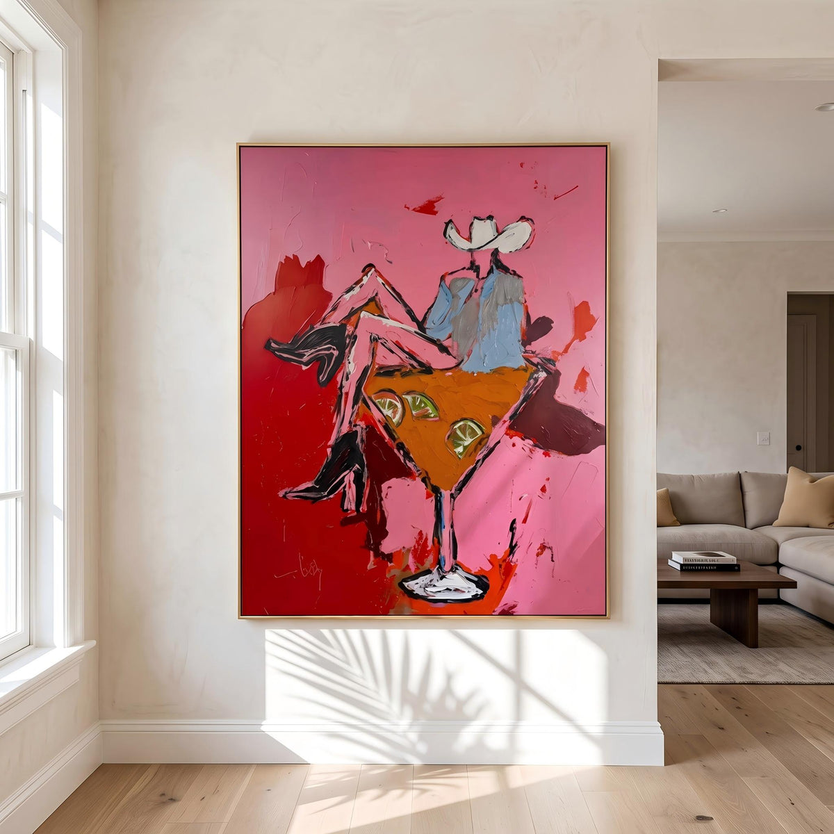 Two Cowgirls Leave Town – Pop Art Cowgirl Road Trip Painting | Pink Vertical Wall Art