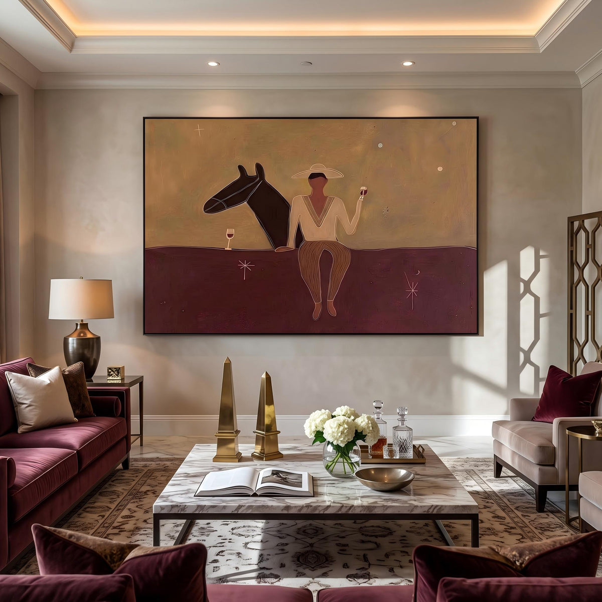 Rider Resting on Chestnut – Minimalist Cowboy Horse Painting | Warm Horizontal Western Wall Art