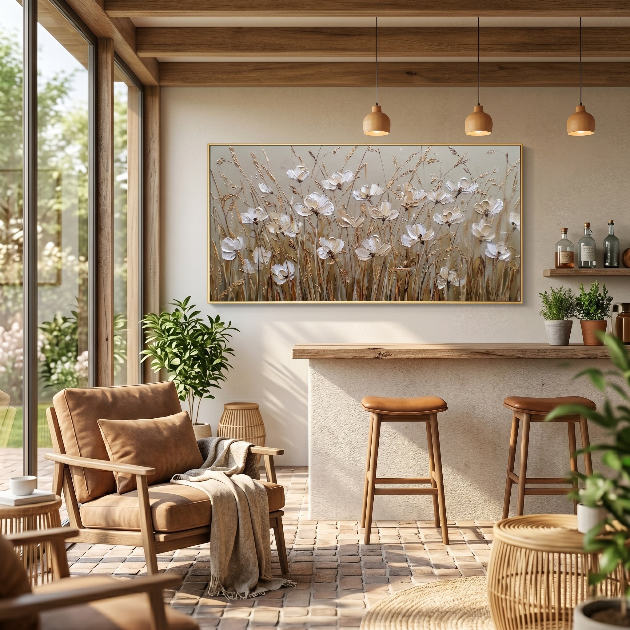 Autumn Whispers – Wabi-Sabi White Floral Earth Tone Impasto Canvas | Minimalist Living Room Wall Art
