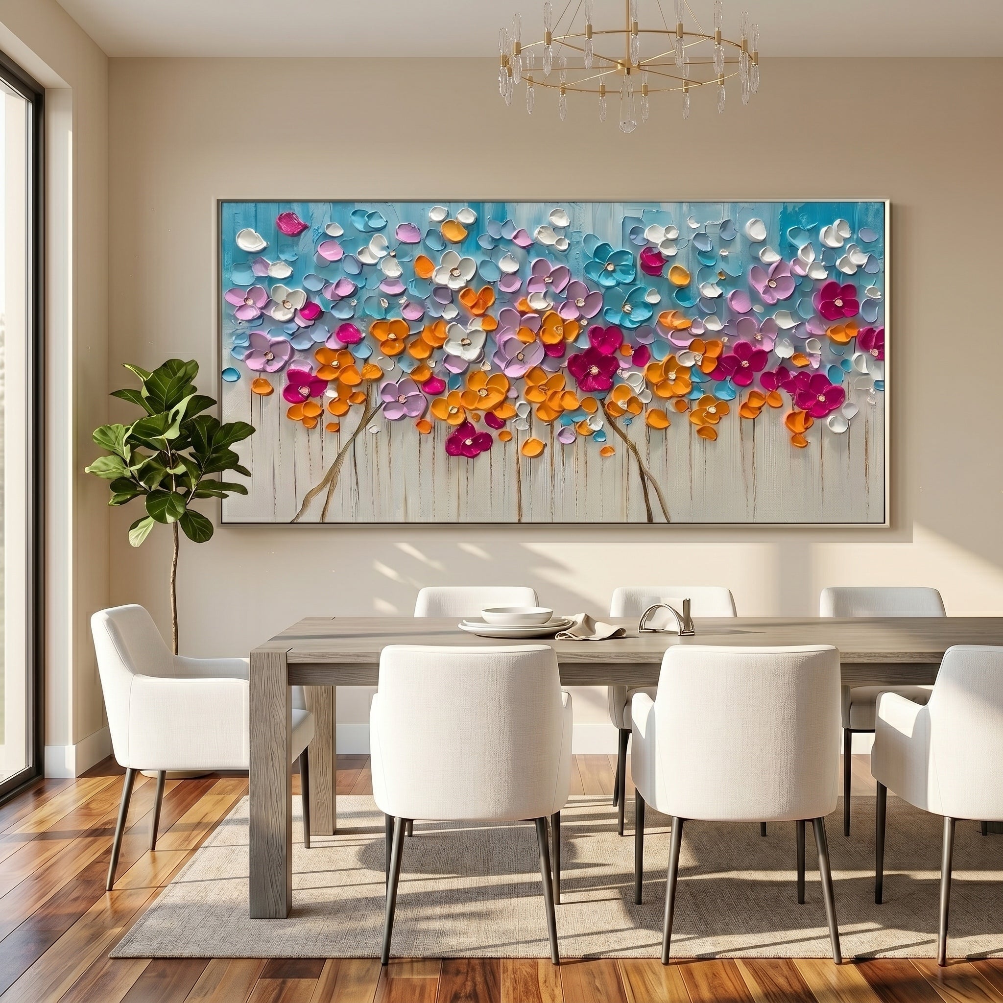 Blossom Symphony – Modern Heavy Impasto Floral Oil Painting | Textured Prosperity Tree Living Room Art