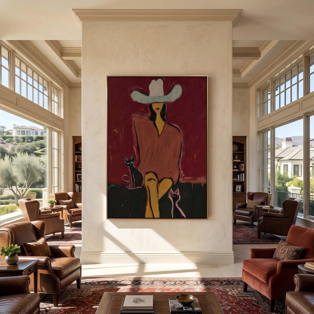 White Hat With Companions – Pop Art Cowboy and Pets Painting | Bold Red Vertical Wall Art