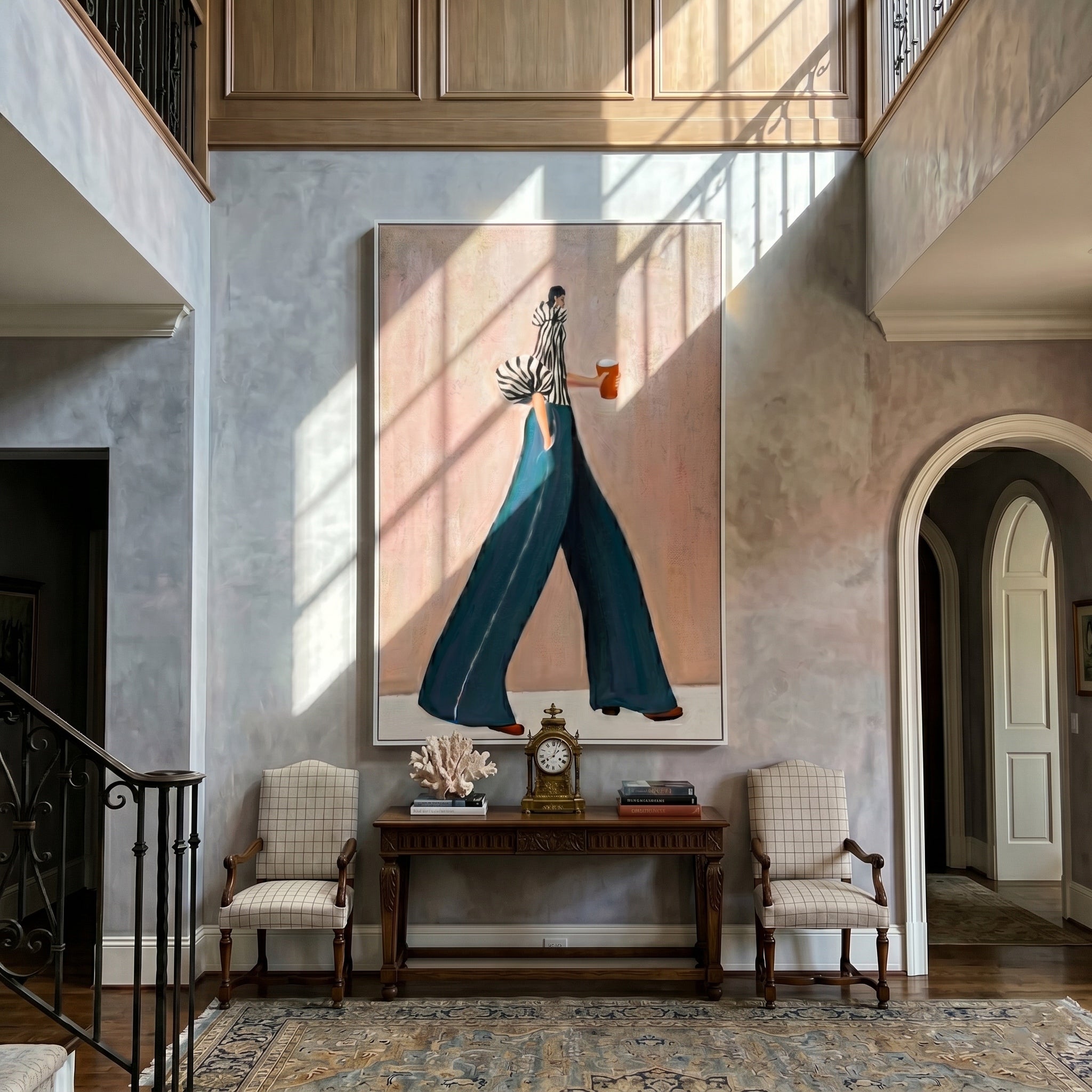 The Urban Stride – Avant-Garde Zebra Striped & Teal Figures Painting | Chic Dusty Pink Living Room Art