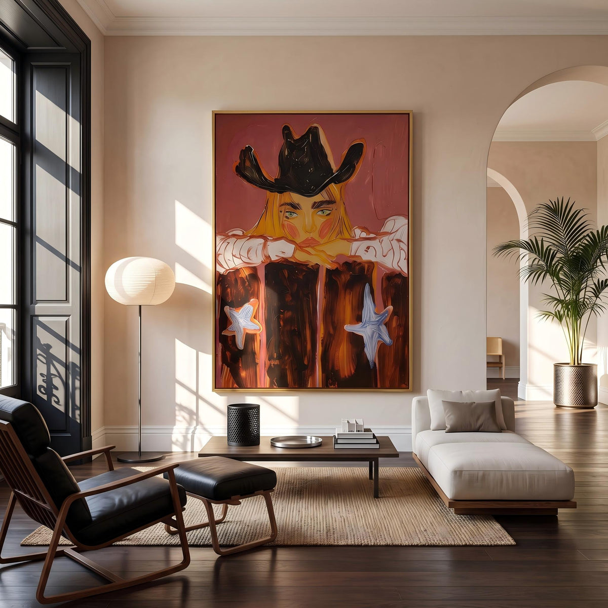 Cowboy Leans Through Sunset – Pop Art Western Figure Painting | Warm Red Vertical Wall Art