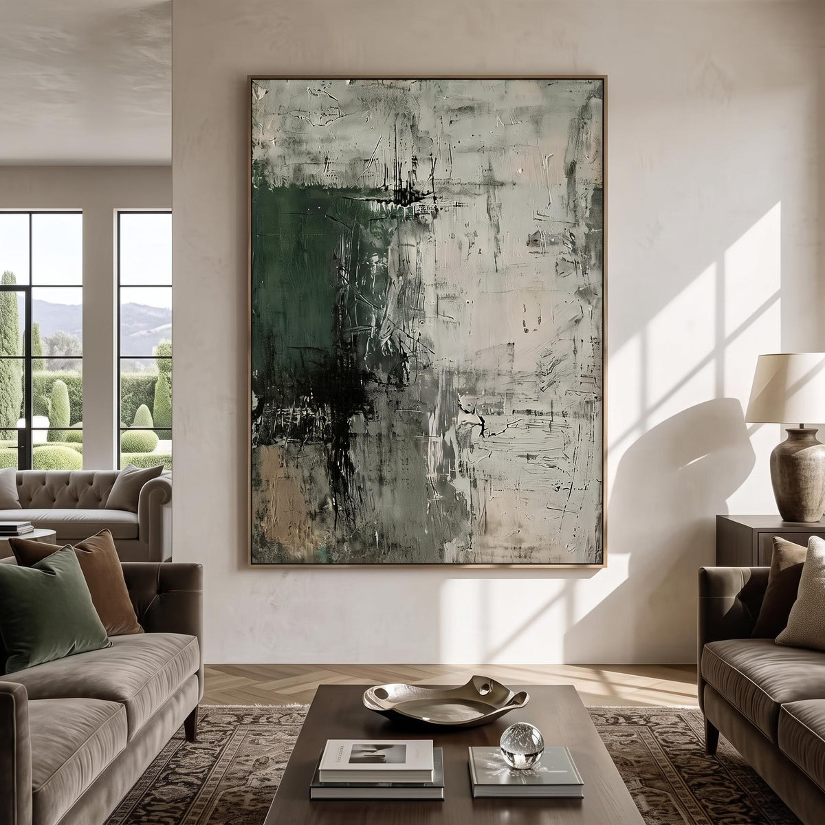 Forest Shadow Imprint – Dark Green Textured Abstract Painting | Contemporary Vertical Wall Art