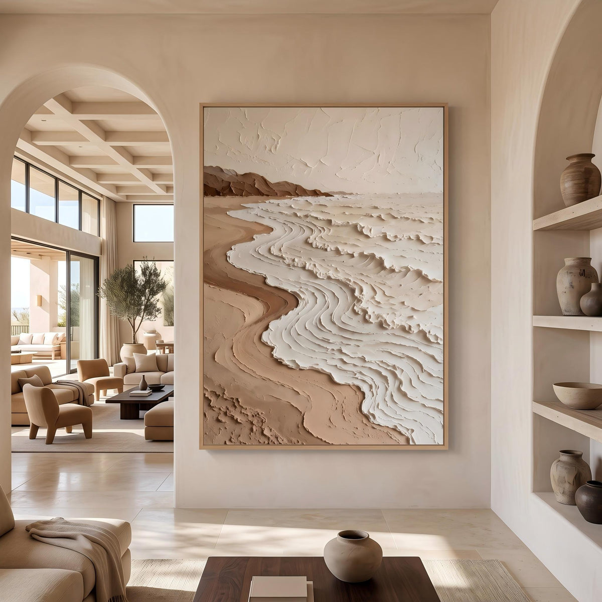 Shorelines Etched in Cream – Neutral Contour Abstract Painting | Textured Vertical Wall Art
