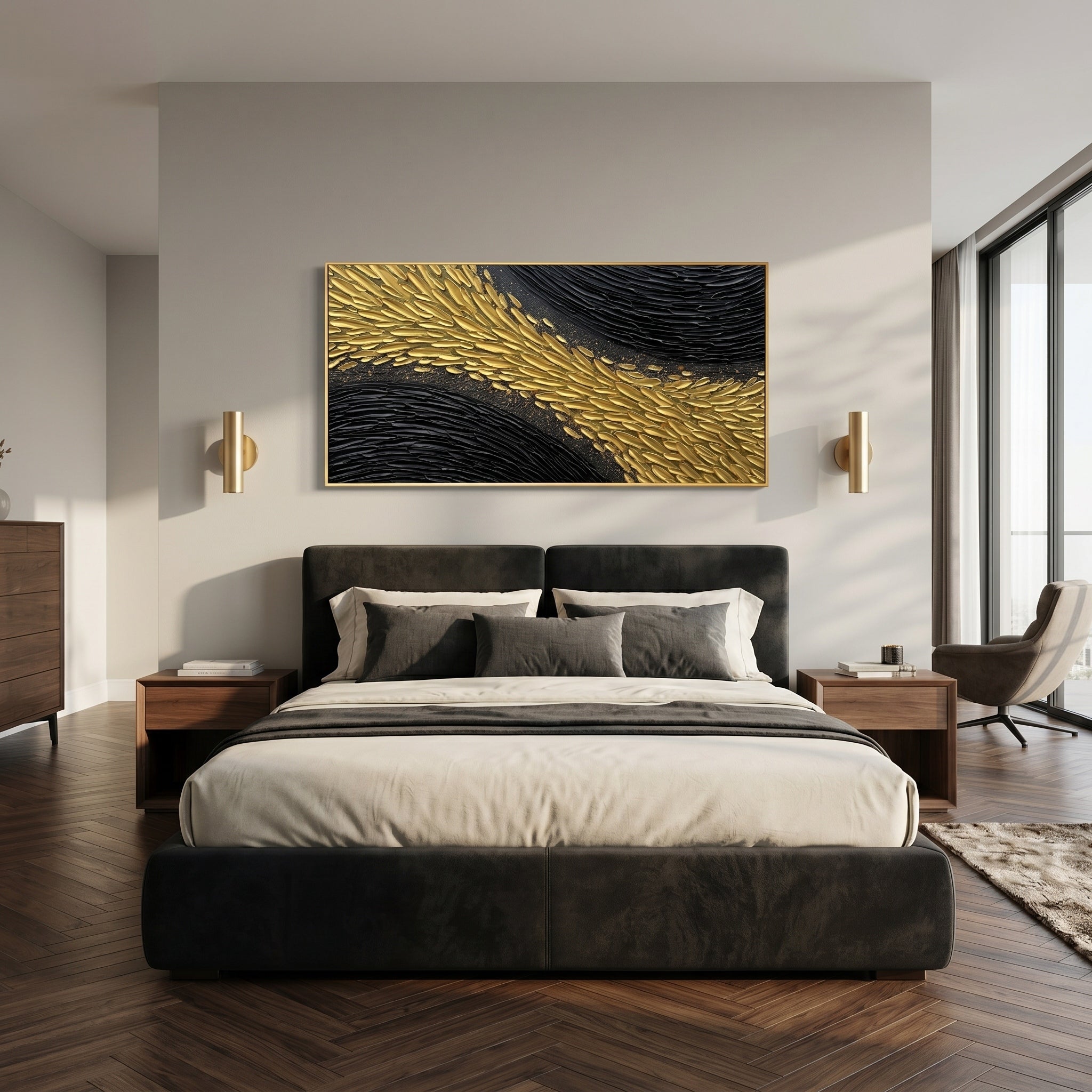 Golden Scales in Motion – Modern Black-and-Gold Textured Artwork | Abstract Horizontal Living Room Art