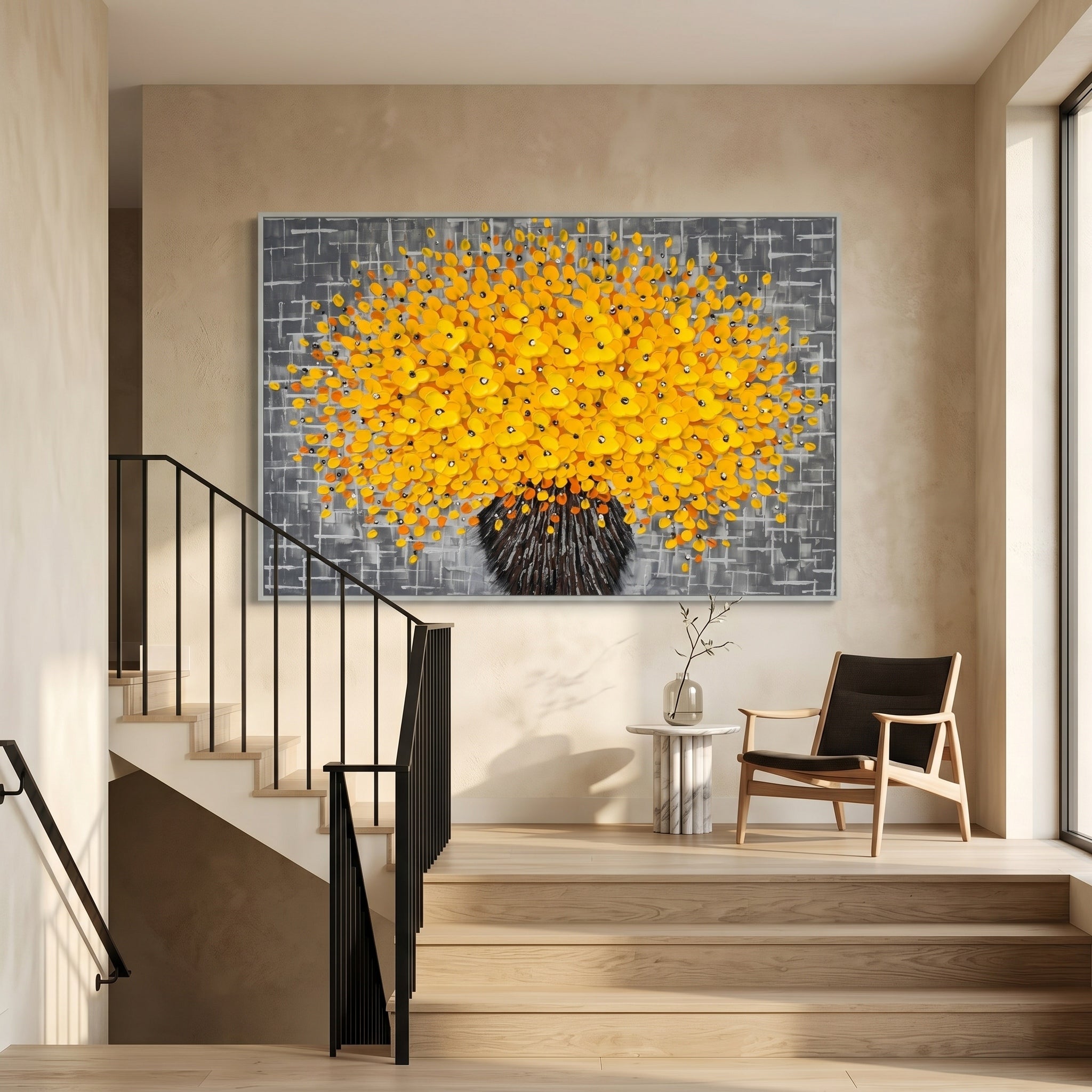 Golden Bloom – Grey & Yellow Impasto Abstract Floral Oil Painting | Modern Luxury Living Room Art