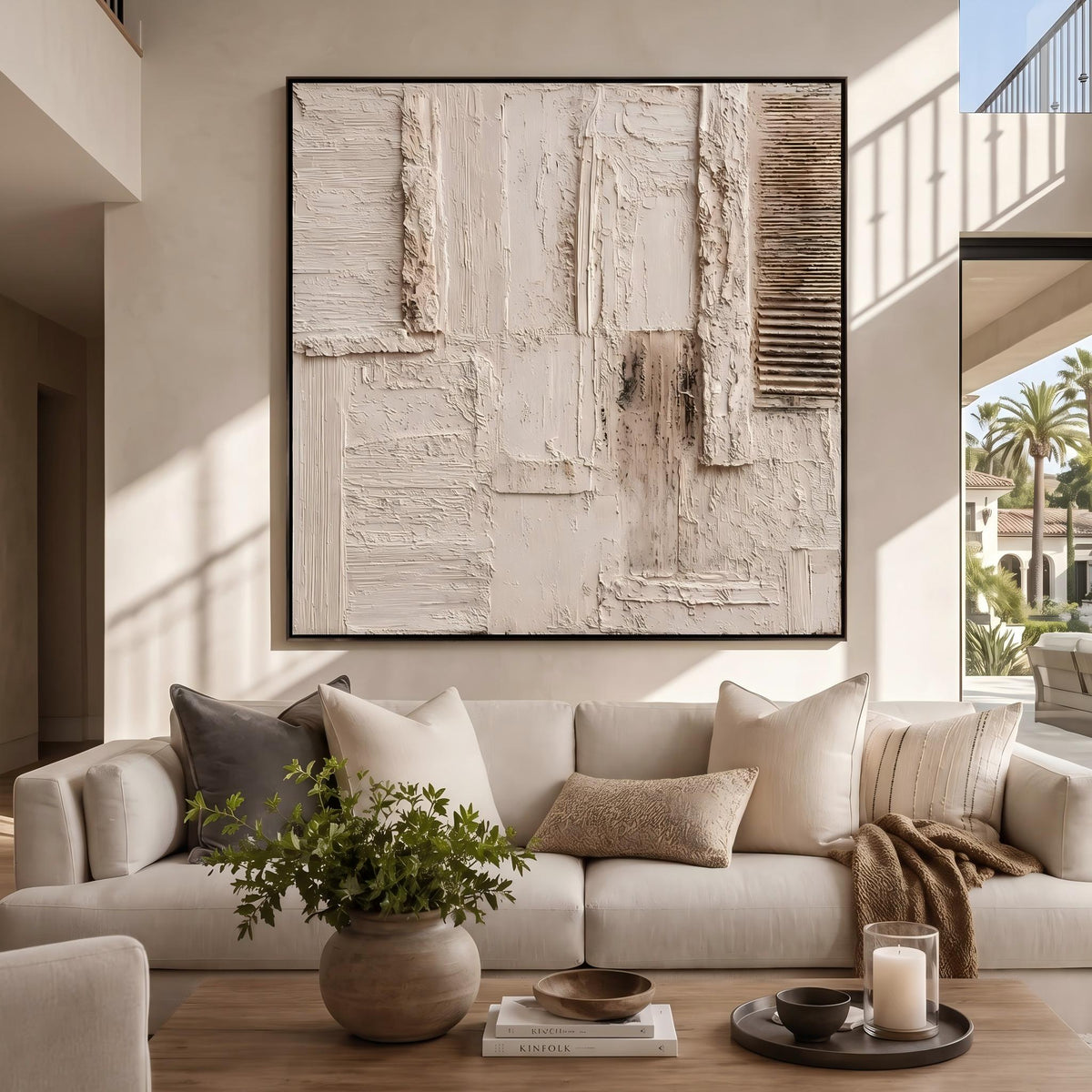 Ivory Grid in Silence – White Beige Geometric Painting | Textured Square Wall Art