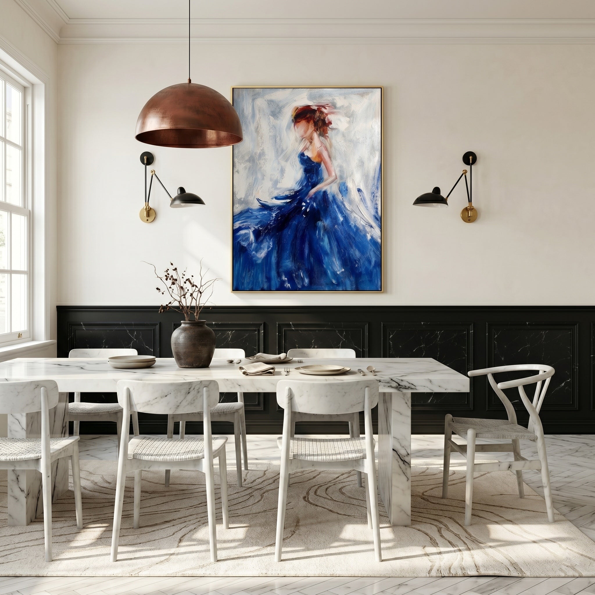 Azure Silhouette – Modern Impressionist Figure Oil Painting | Elegant Woman in Blue Gown Bedroom Art