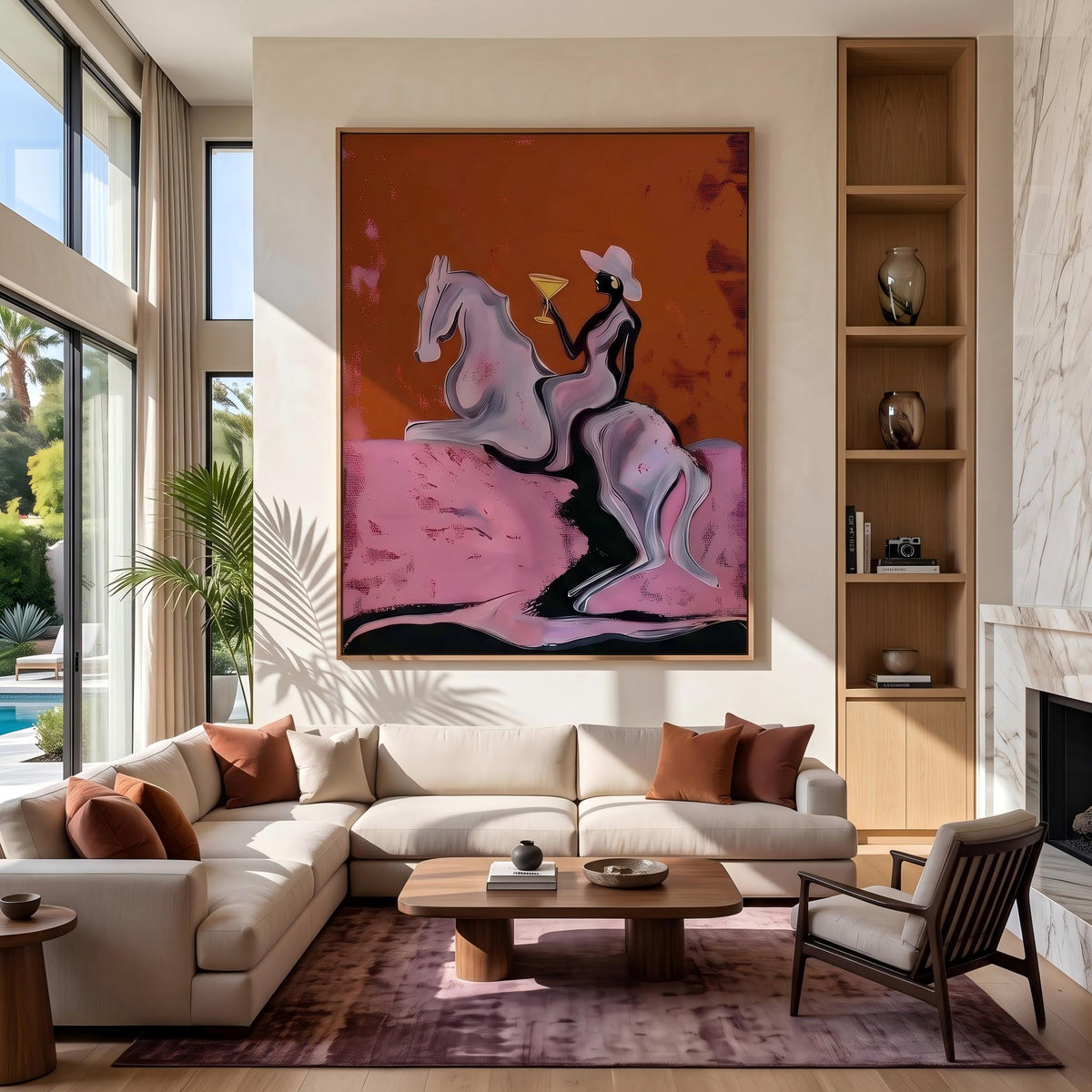 Pink Clouds Carry Rider – Pop Art Cowboy Horse Painting | Playful Orange Vertical Wall Art