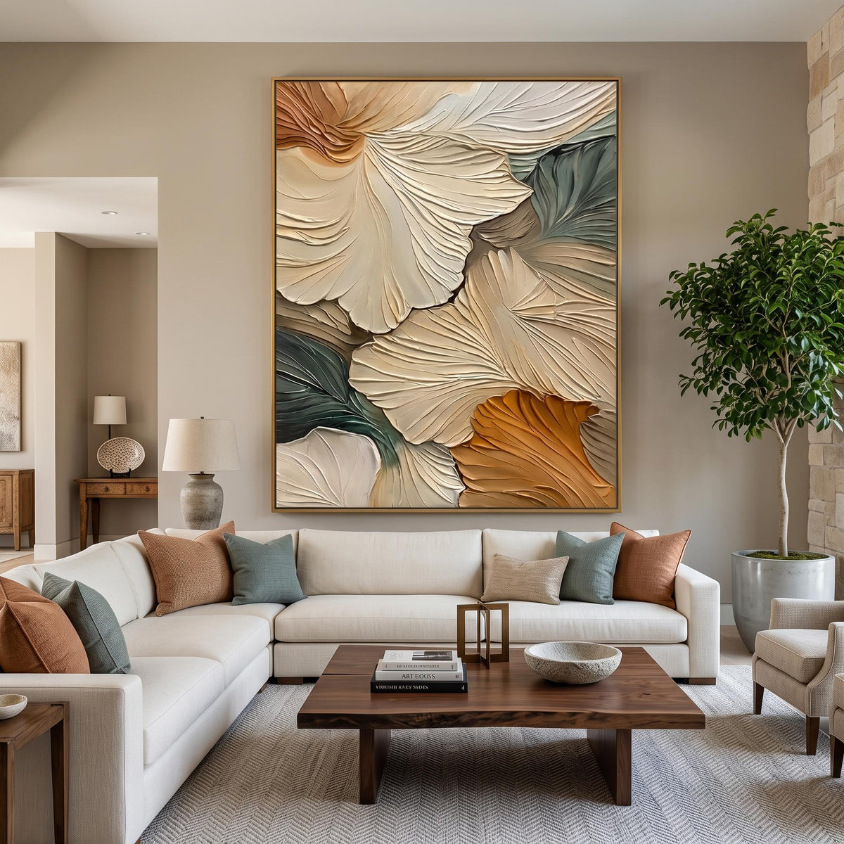 Ginkgo Leaves in Drift – Blue Gold Botanical Abstract Painting | Textured Vertical Wall Art