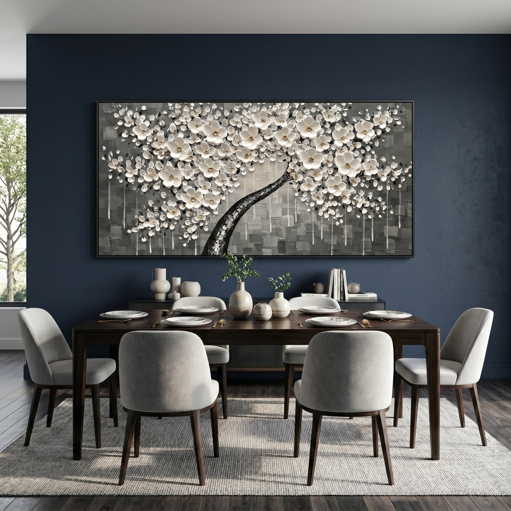 Alabaster Serenade – Modern Ash Grey Impasto White Flower Tree | Minimalist Wabi-Sabi Living Room Art