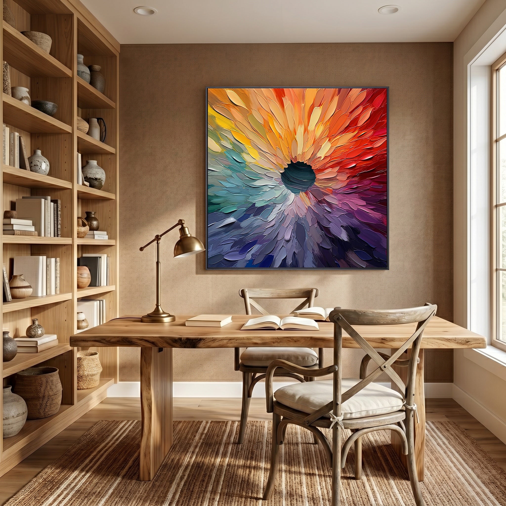 Rainbow Singularity – Modern Impasto Centripetal Abstract Oil Painting | Creative Textured Spectrum Entryway Art