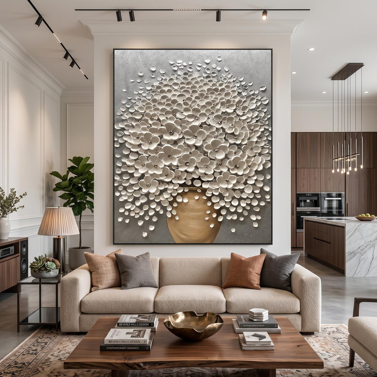 Pearl Canopy Rising – White Blossom Tree Painting | Textured Vertical Wall Art