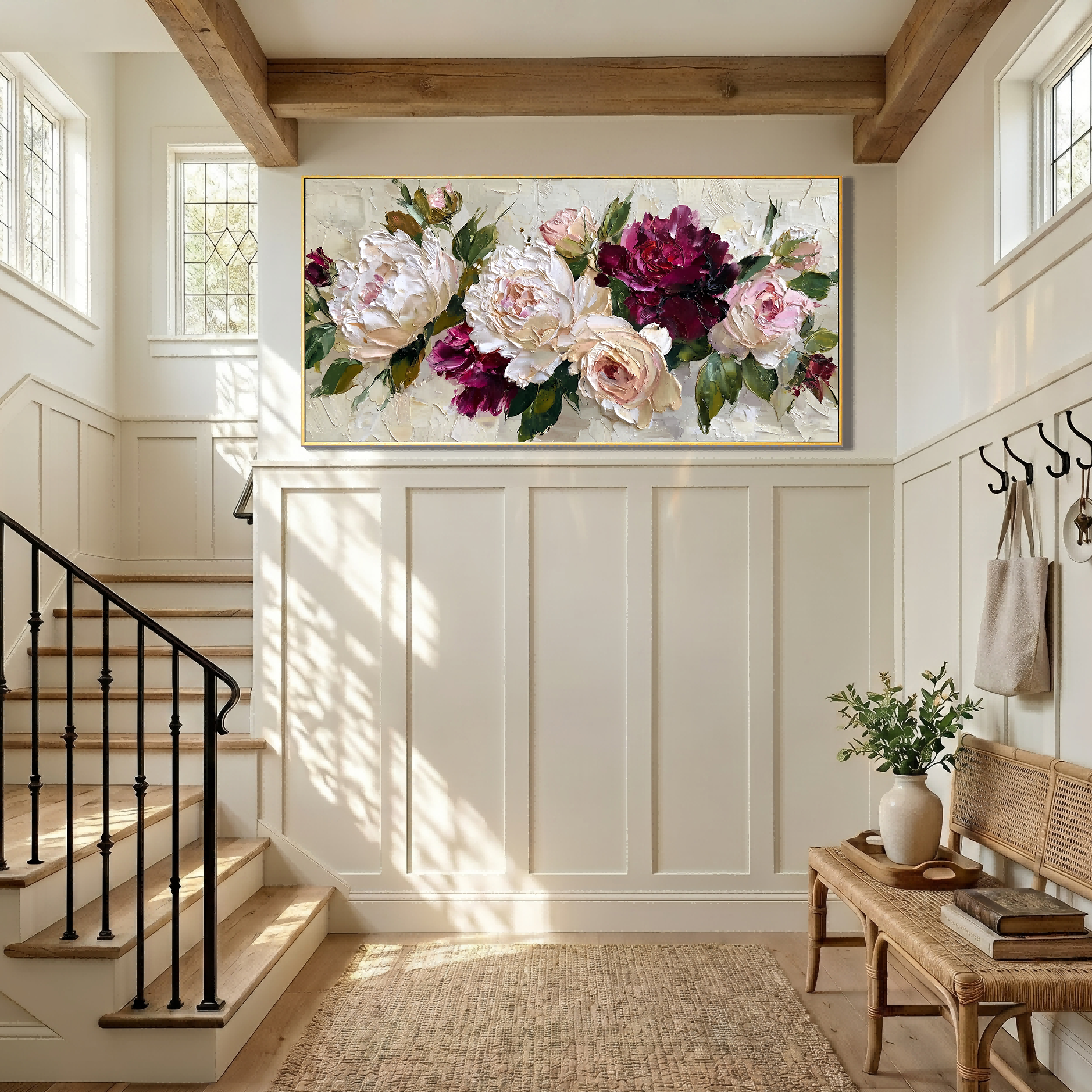 Velvet Kiss – Modern Impasto Burgundy and Cream Peony Canvas | Luxury Romantic Living Room Art