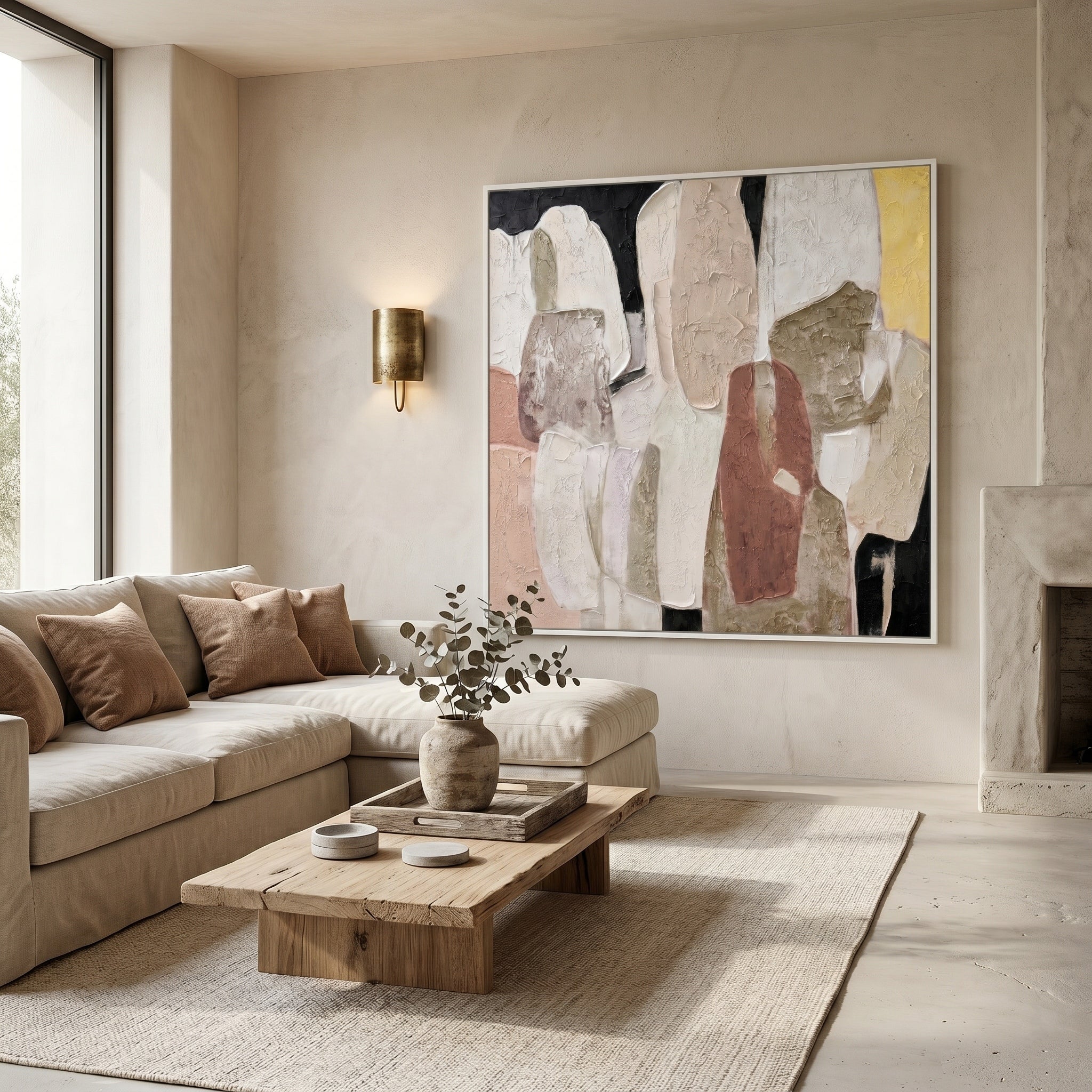 Earthy Poetics – Wabi-Sabi Terracotta and Black Plaster Texture Abstract Canvas | Minimalist Hallway Art