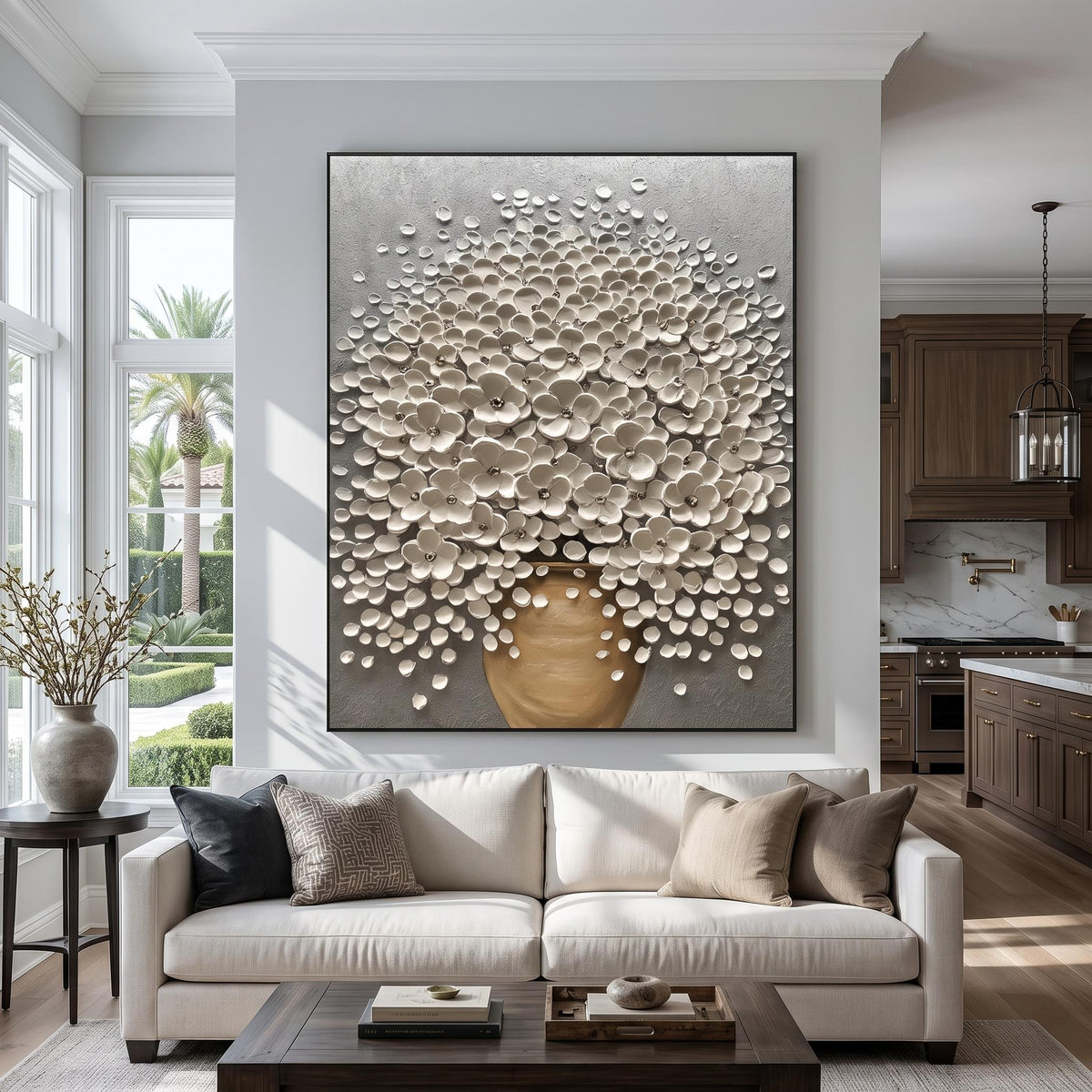 Pearl Canopy Rising – White Blossom Tree Painting | Textured Vertical Wall Art