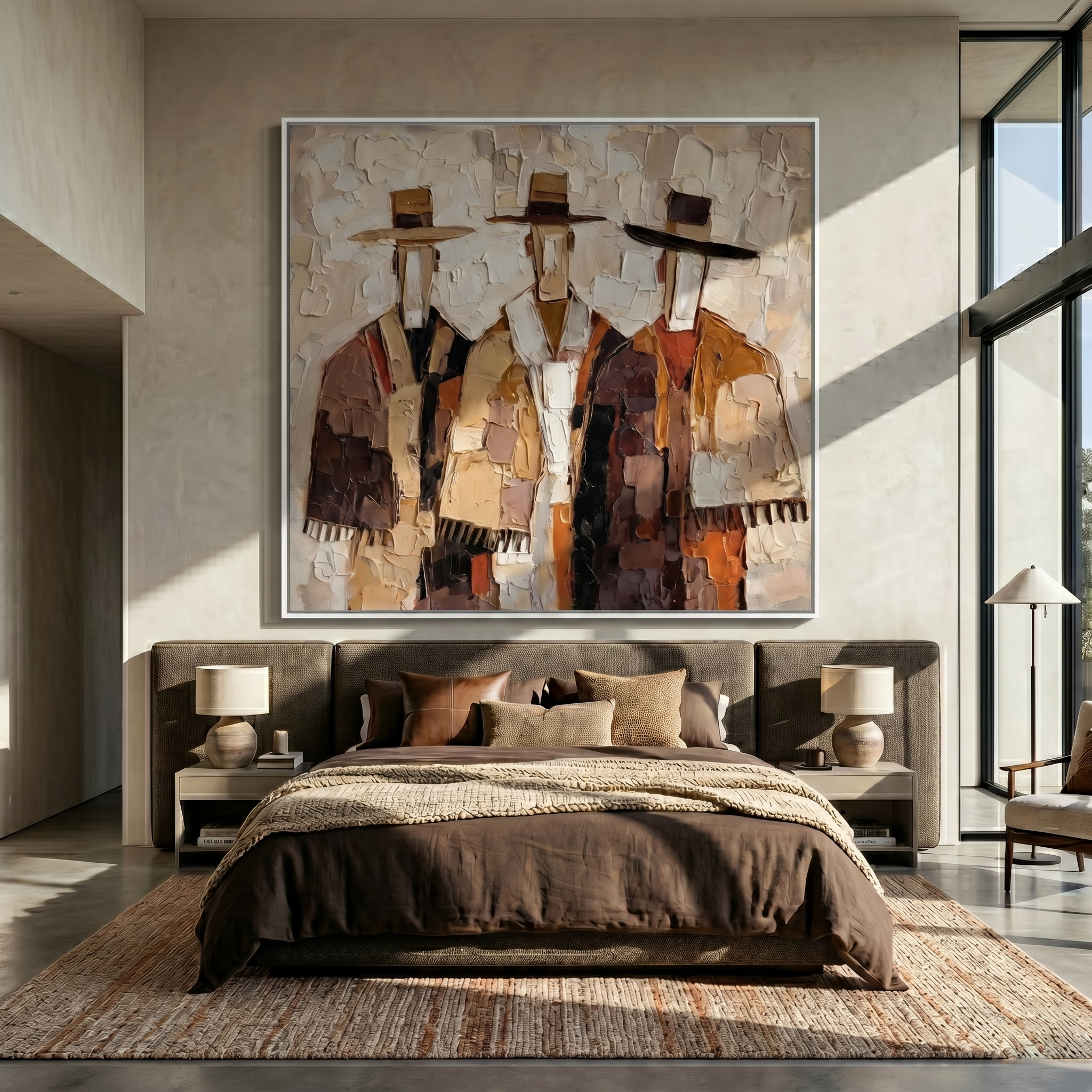 The Quiet Assembly – Mid-Century Neo-Expressionist Figures Heavy Impasto Painting | Earth Tone Palette Knife Abstract Portrait Canvas for Modern Living Room & Study