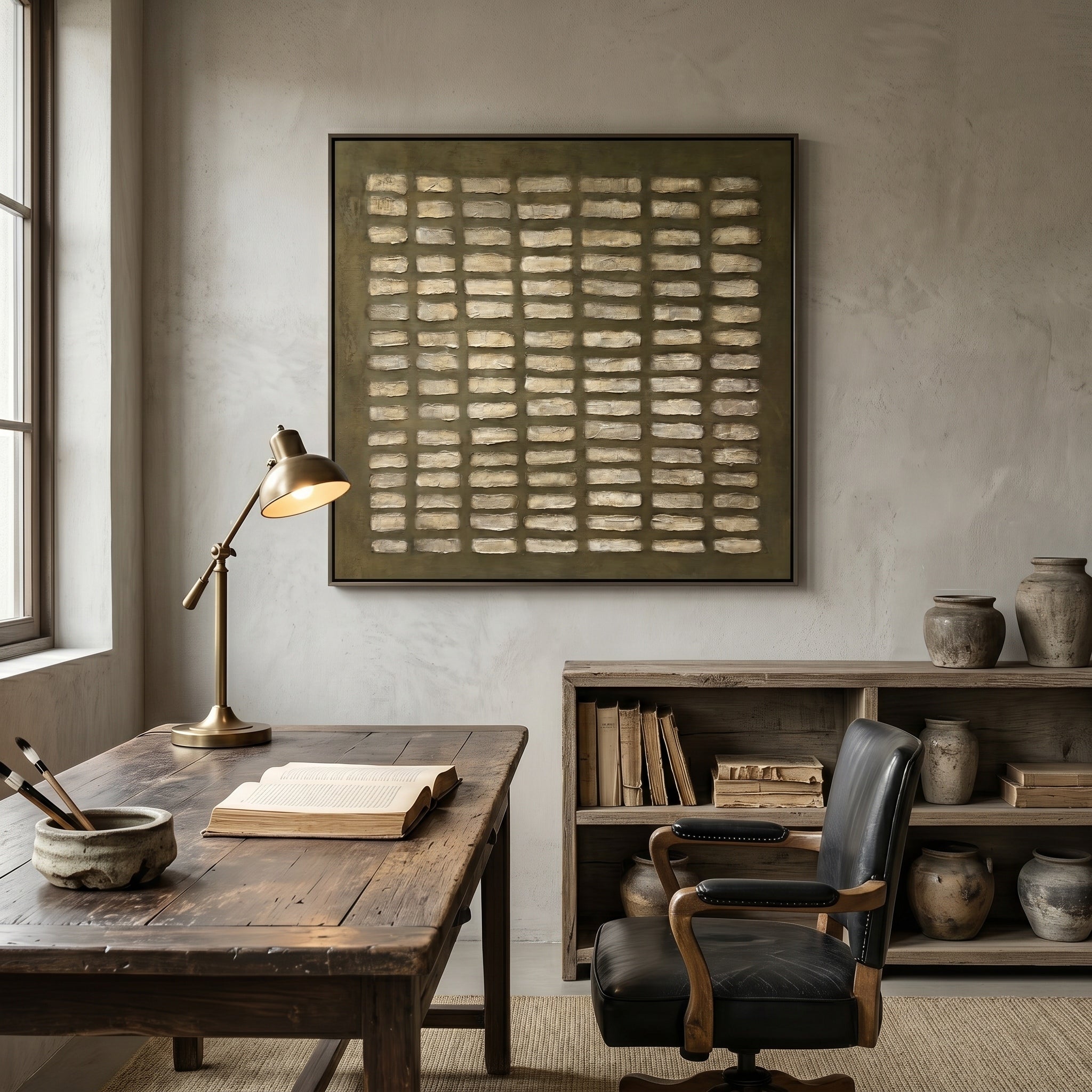 Time Matrix – Wabi-Sabi Style Earth-Tone Minimalist Texture Painting | Modern Abstract Geometric Entryway Art
