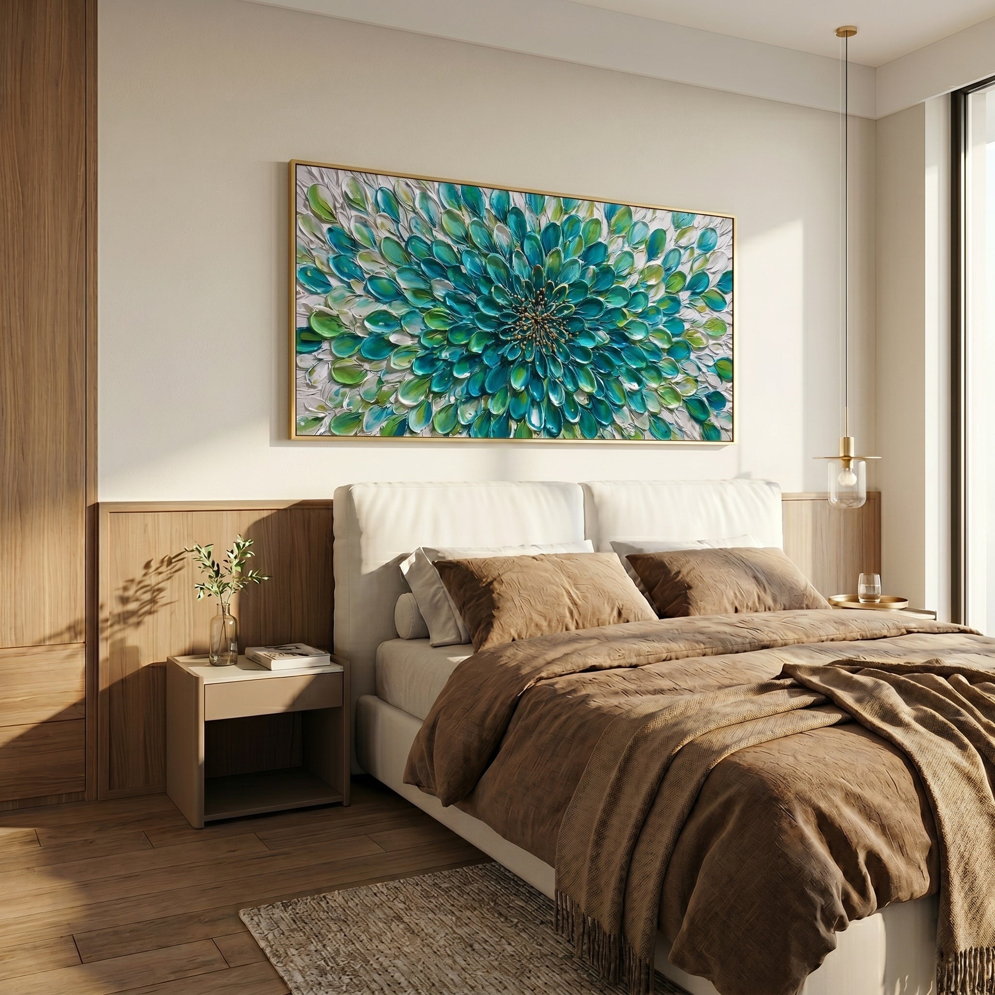 Emerald Rhythm – Modern Impasto Abstract Oil Painting | Textured Floral Panorama Living Room Art