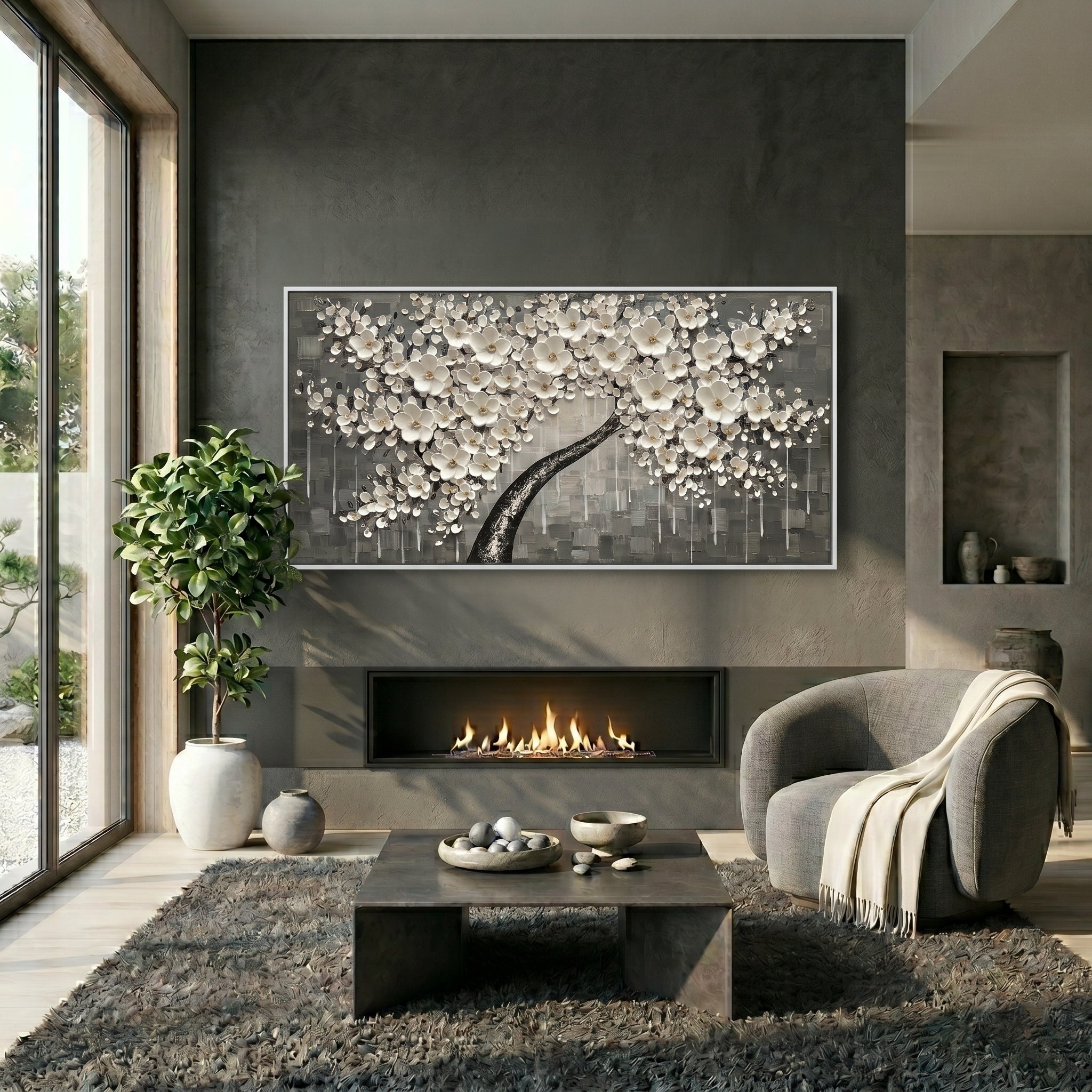 Alabaster Serenade – Modern Ash Grey Impasto White Flower Tree | Minimalist Wabi-Sabi Living Room Art