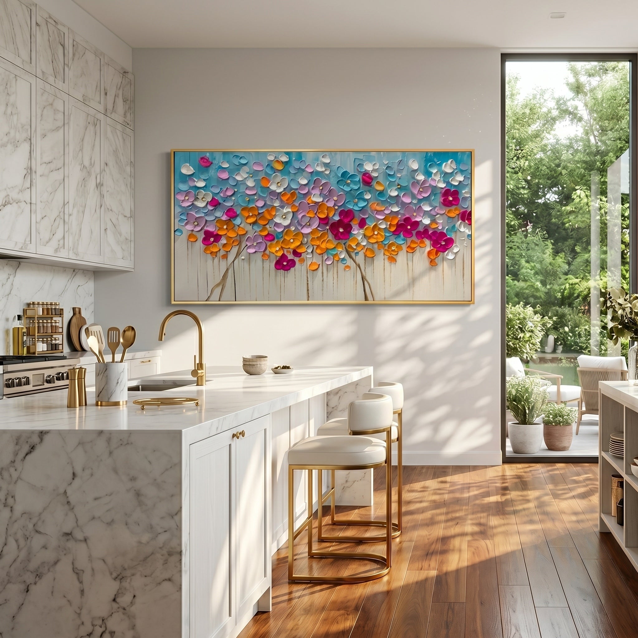 Blossom Symphony – Modern Heavy Impasto Floral Oil Painting | Textured Prosperity Tree Living Room Art