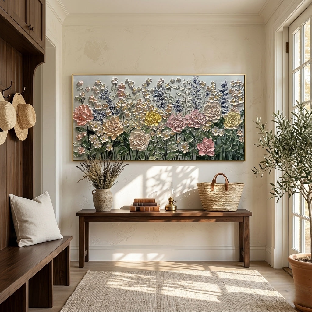 Pastel Dreamscape – Modern Impasto Pastel Garden Canvas | Romantic Living Room Wall Art