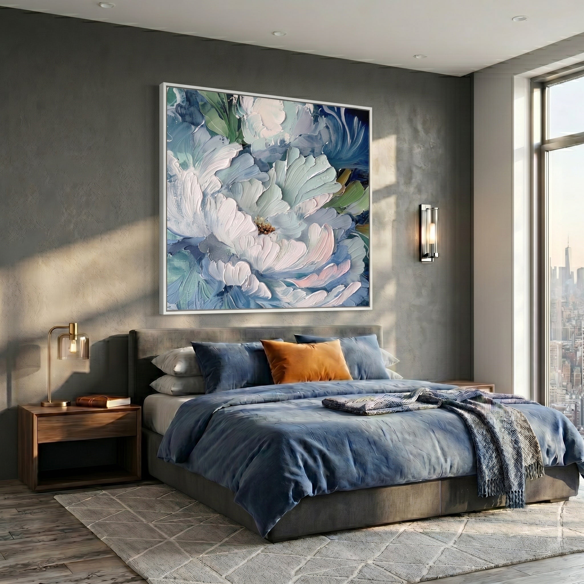 Glacial Bloom – Modern Impasto Floral Oil Painting | Creative Muted Blue & Teal Textured Hallway Art